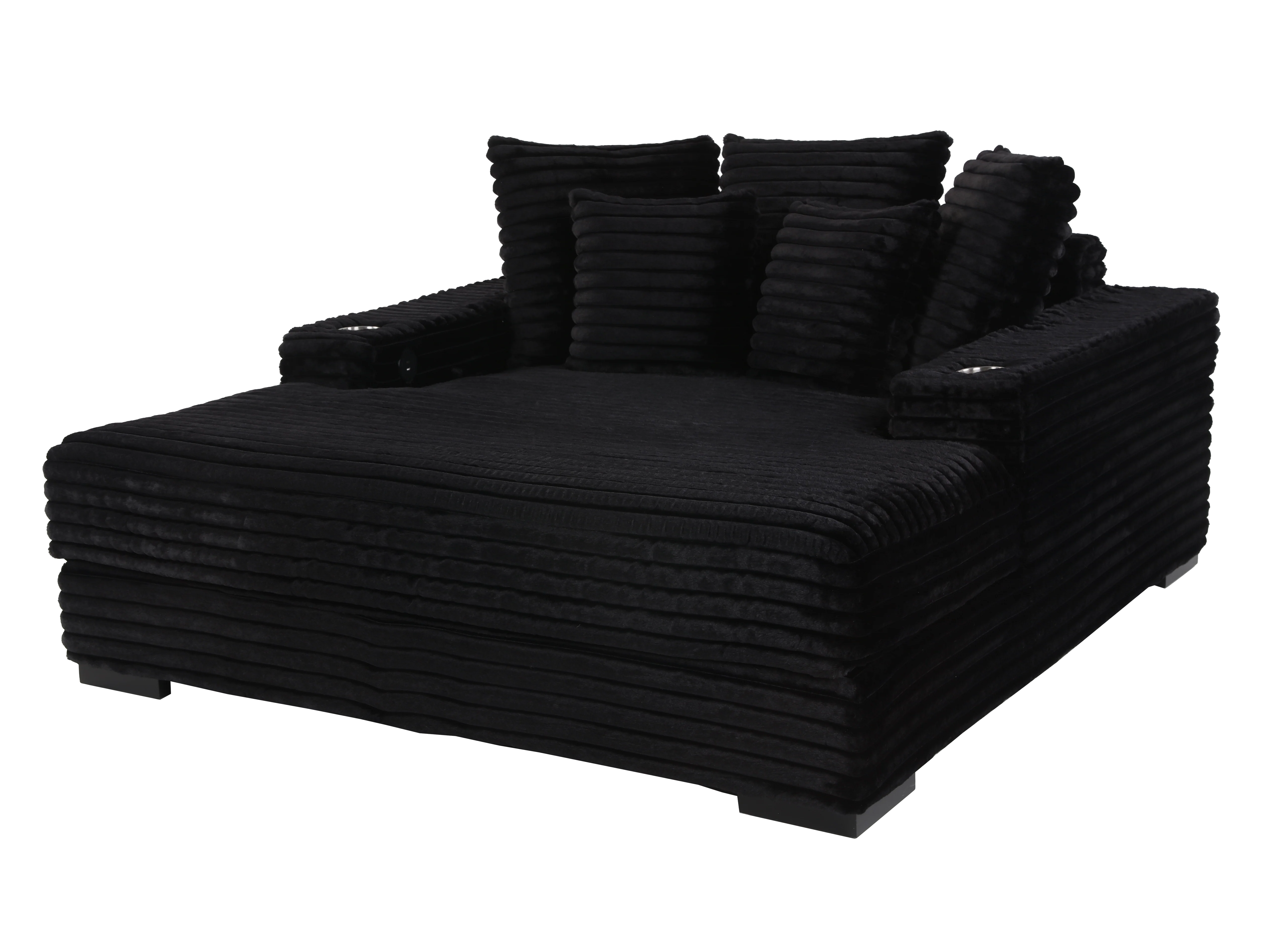 Midnight Black Velvet Chaise Lounge with Dual Cupholders & USB Charging Ports - Image 2