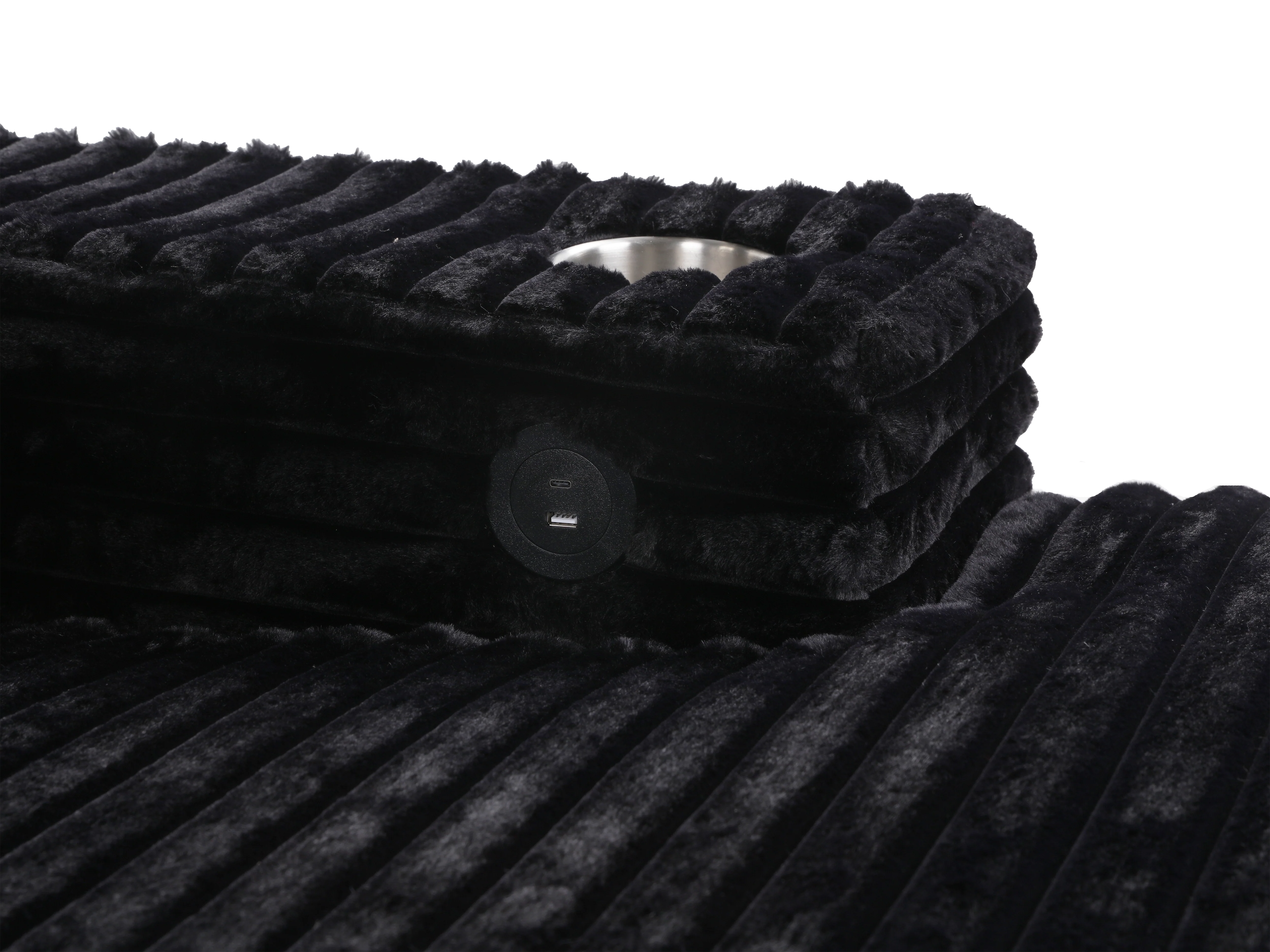 Midnight Black Velvet Chaise Lounge with Dual Cupholders & USB Charging Ports - Image 6
