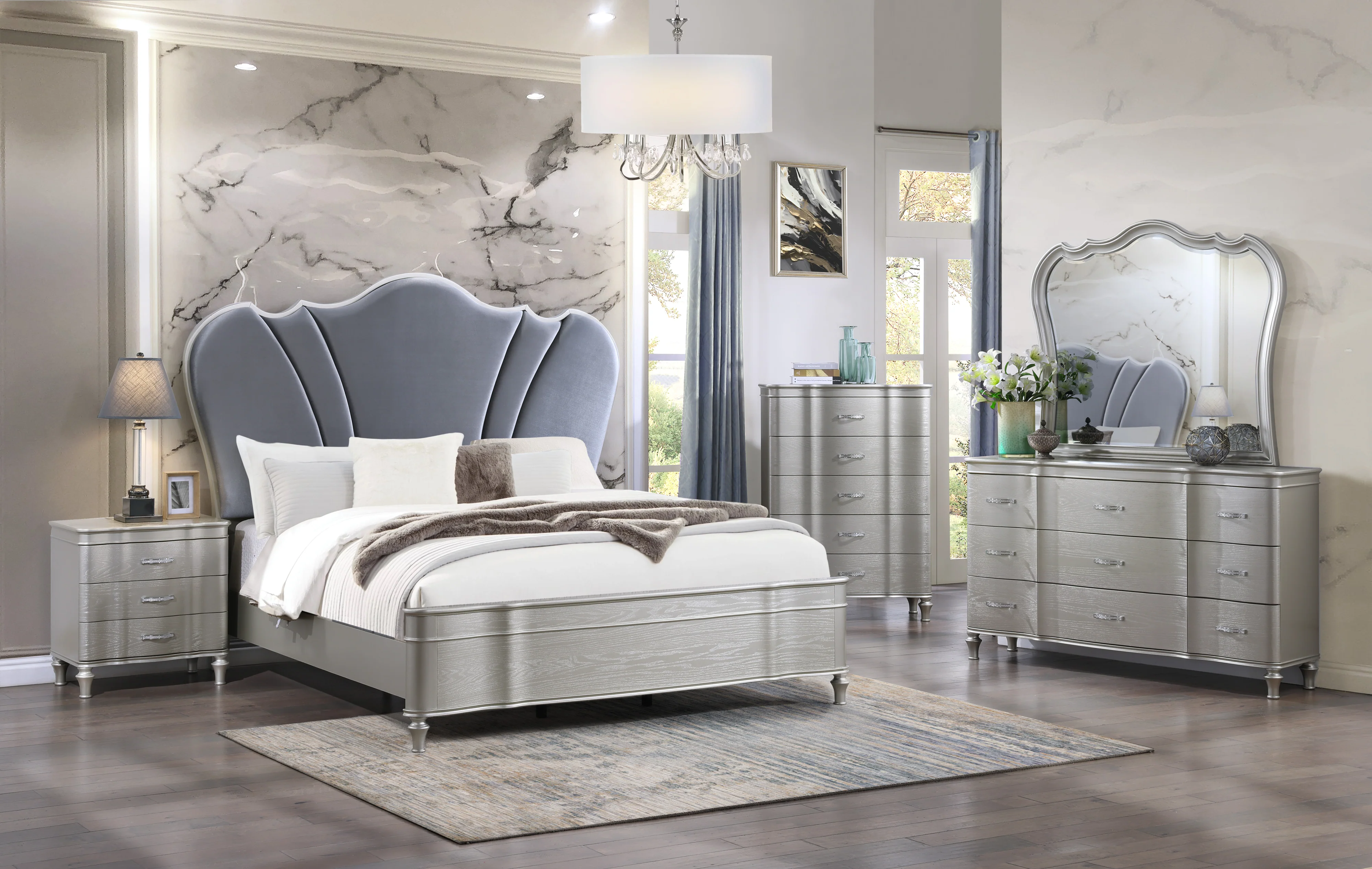 6 Piece Champagne Velvet Scalloped Bedroom Set