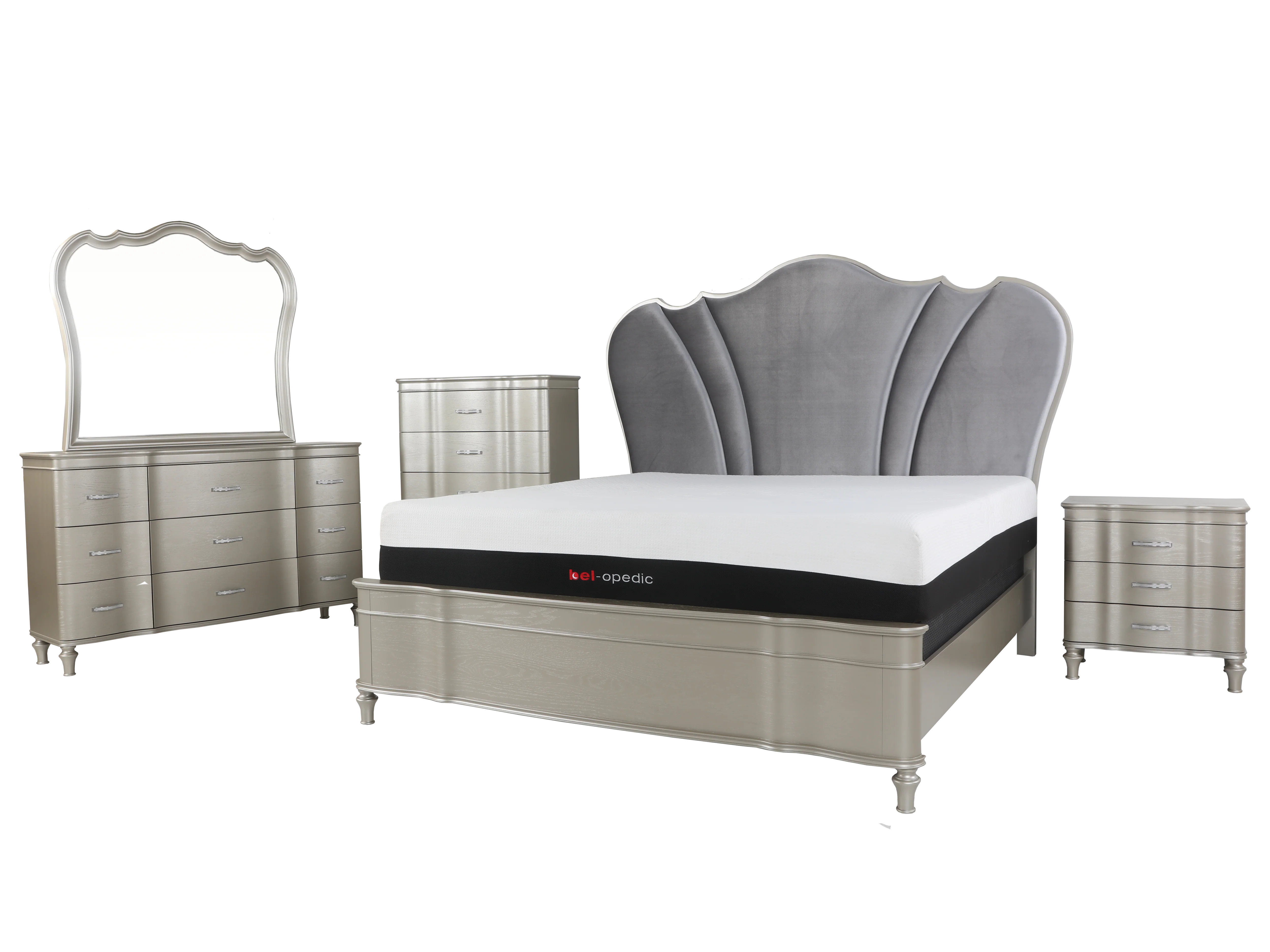 6 Piece Champagne Velvet Scalloped Bedroom Set - Image 2