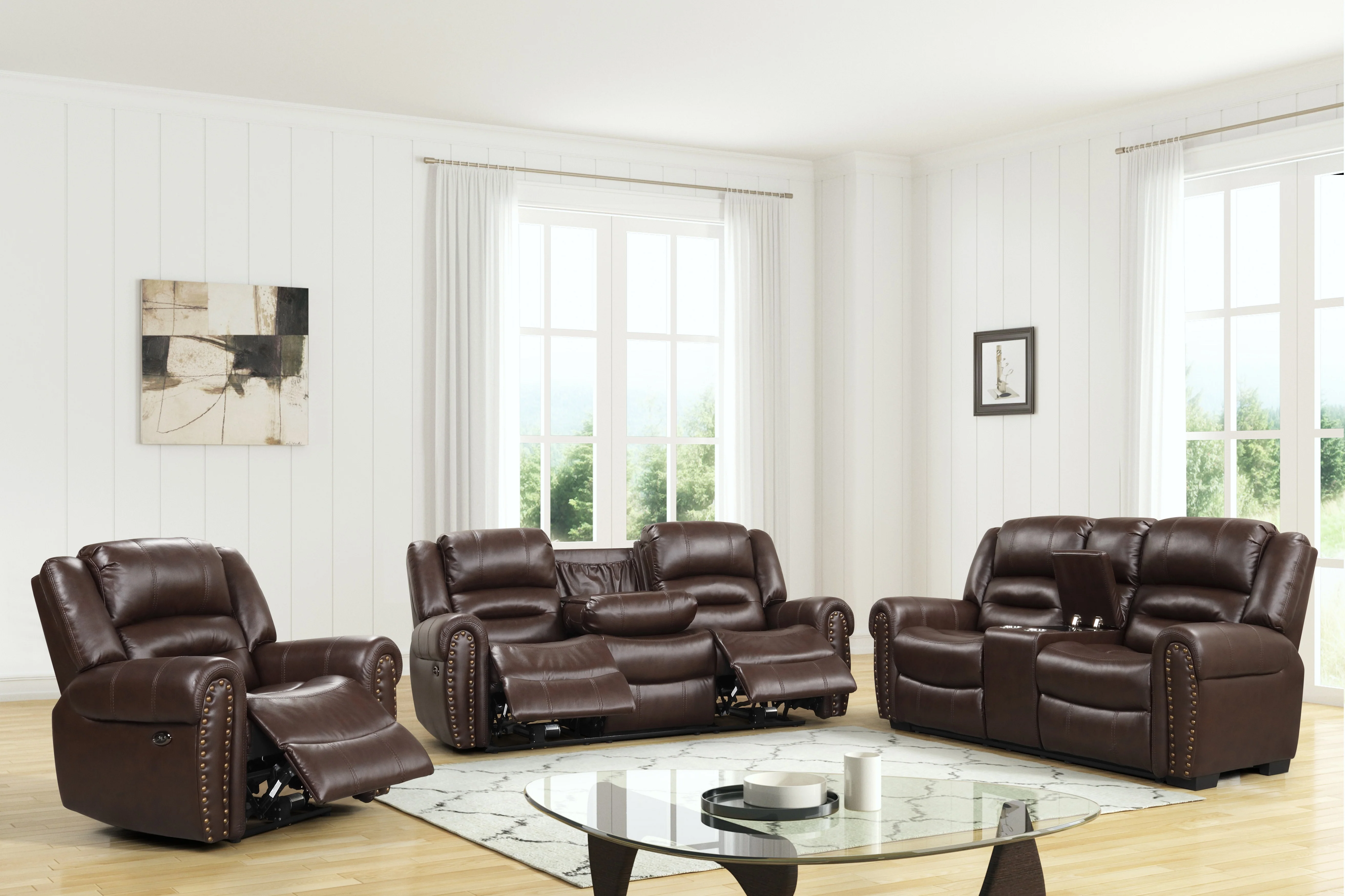 Classic Traditional 3-Piece Power Reclining Living Room Set in Red Brown Air Leather w/ USB, Console Cupholders & Drop-Down Table