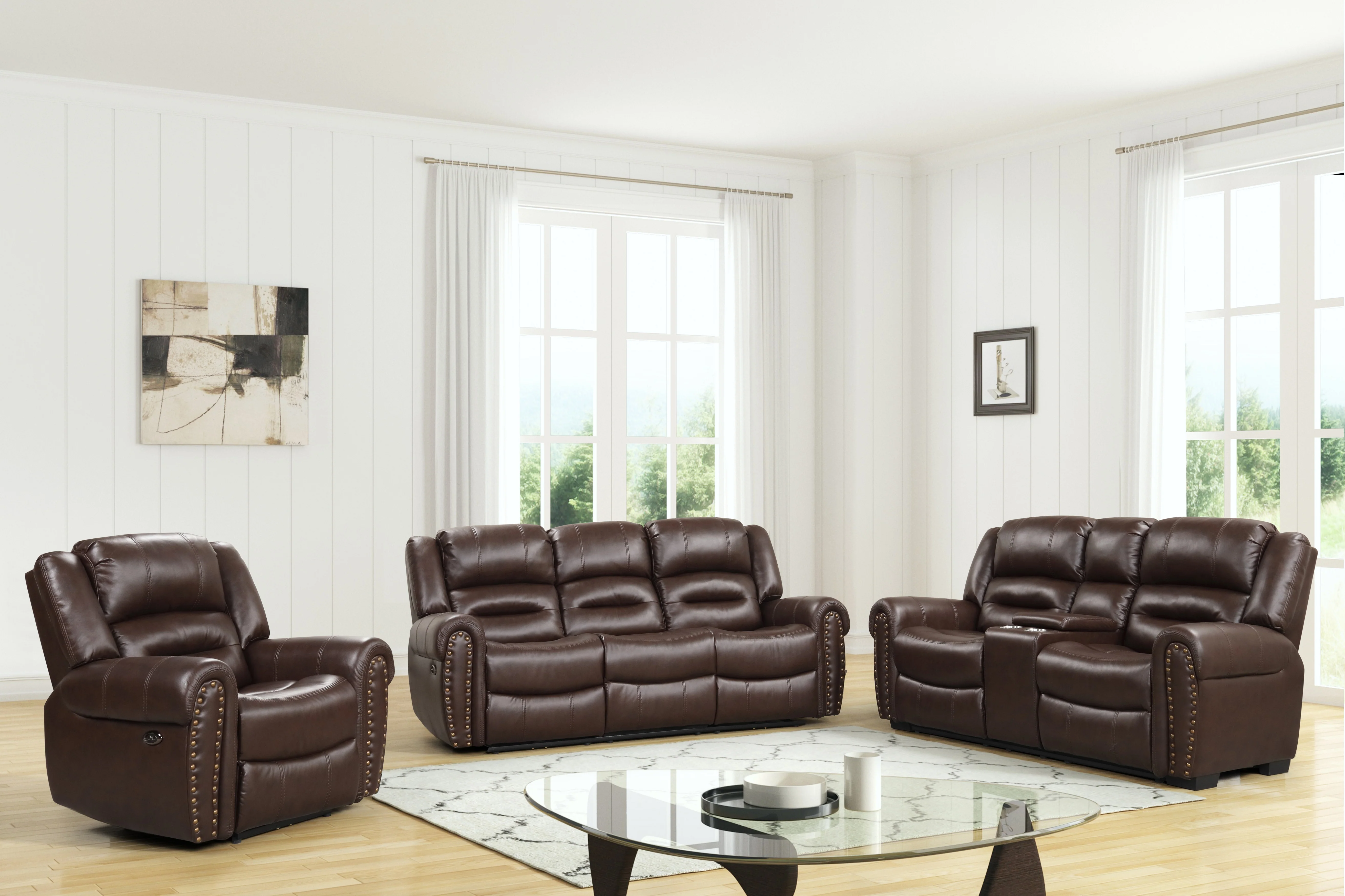 Classic Traditional 3-Piece Power Reclining Living Room Set in Red Brown Air Leather w/ USB, Console Cupholders & Drop-Down Table - Image 4