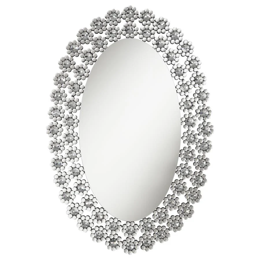 Colleen 31 x 47 Inch Oval Wall Mirror Crystal Flowers Silver - Image 2