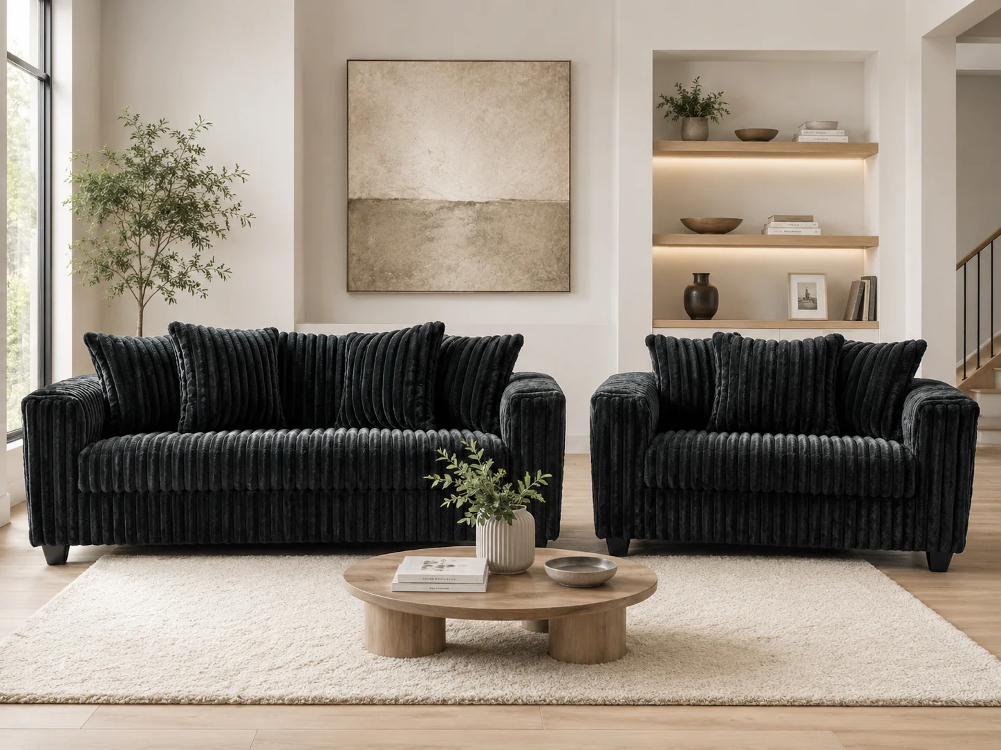Contemporary Black Corduroy Fabric 2-Piece Sofa and Loveseat Set - Image 2