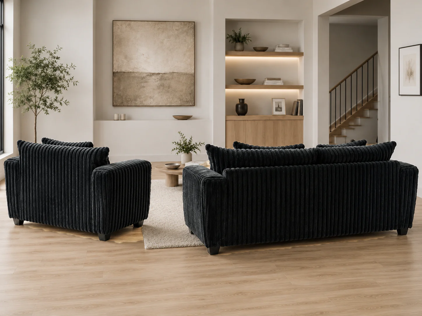 Contemporary Black Corduroy Fabric 2-Piece Sofa and Loveseat Set - Image 3