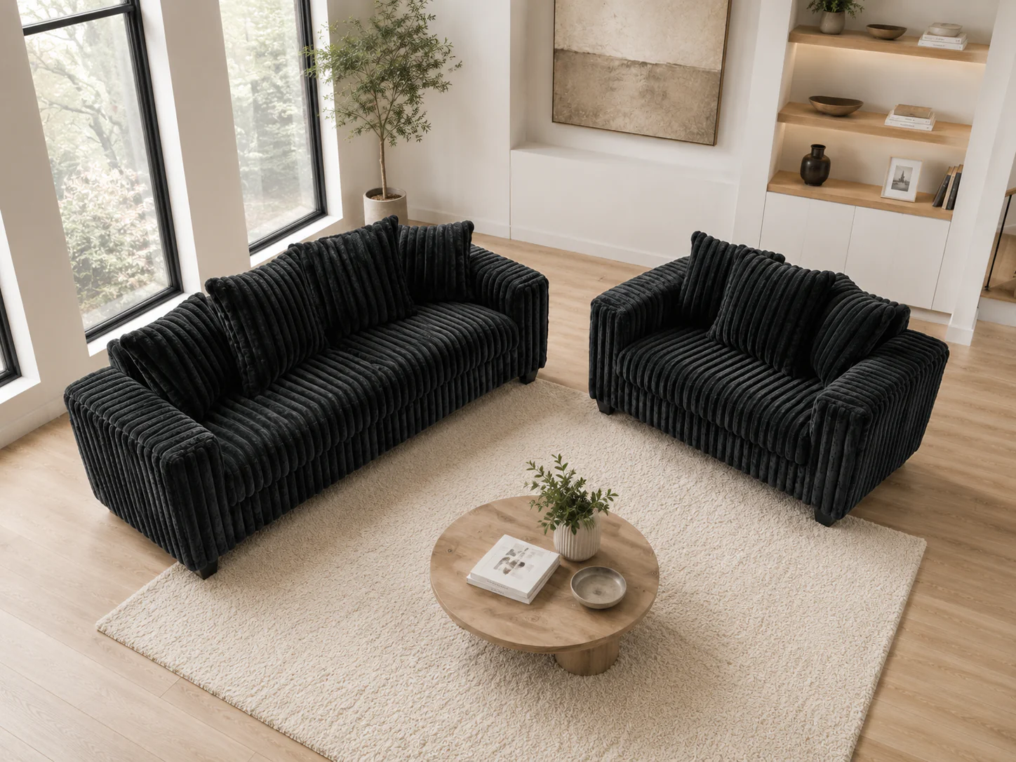 Contemporary Black Corduroy Fabric 2-Piece Sofa and Loveseat Set - Image 4