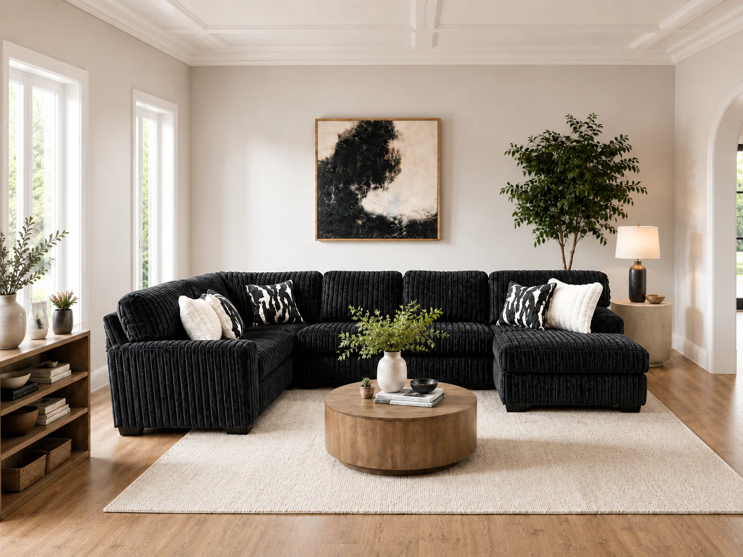 Contemporary Black Corduroy L-Shaped Sectional Sofa with Oversized Chaise, Deep Seating & Ribbed Plush Design - Image 2