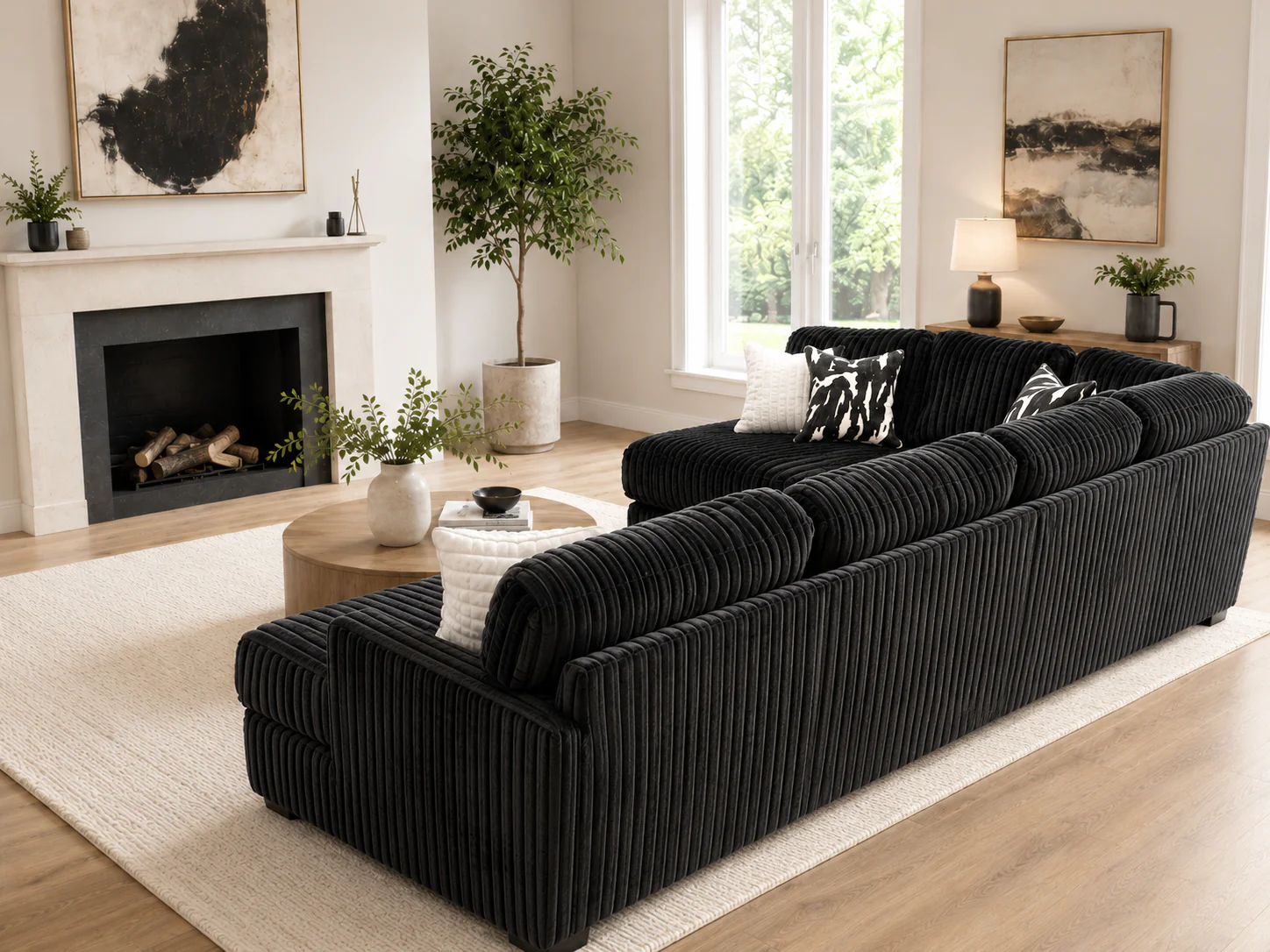 Contemporary Black Corduroy L-Shaped Sectional Sofa with Oversized Chaise, Deep Seating & Ribbed Plush Design - Image 3