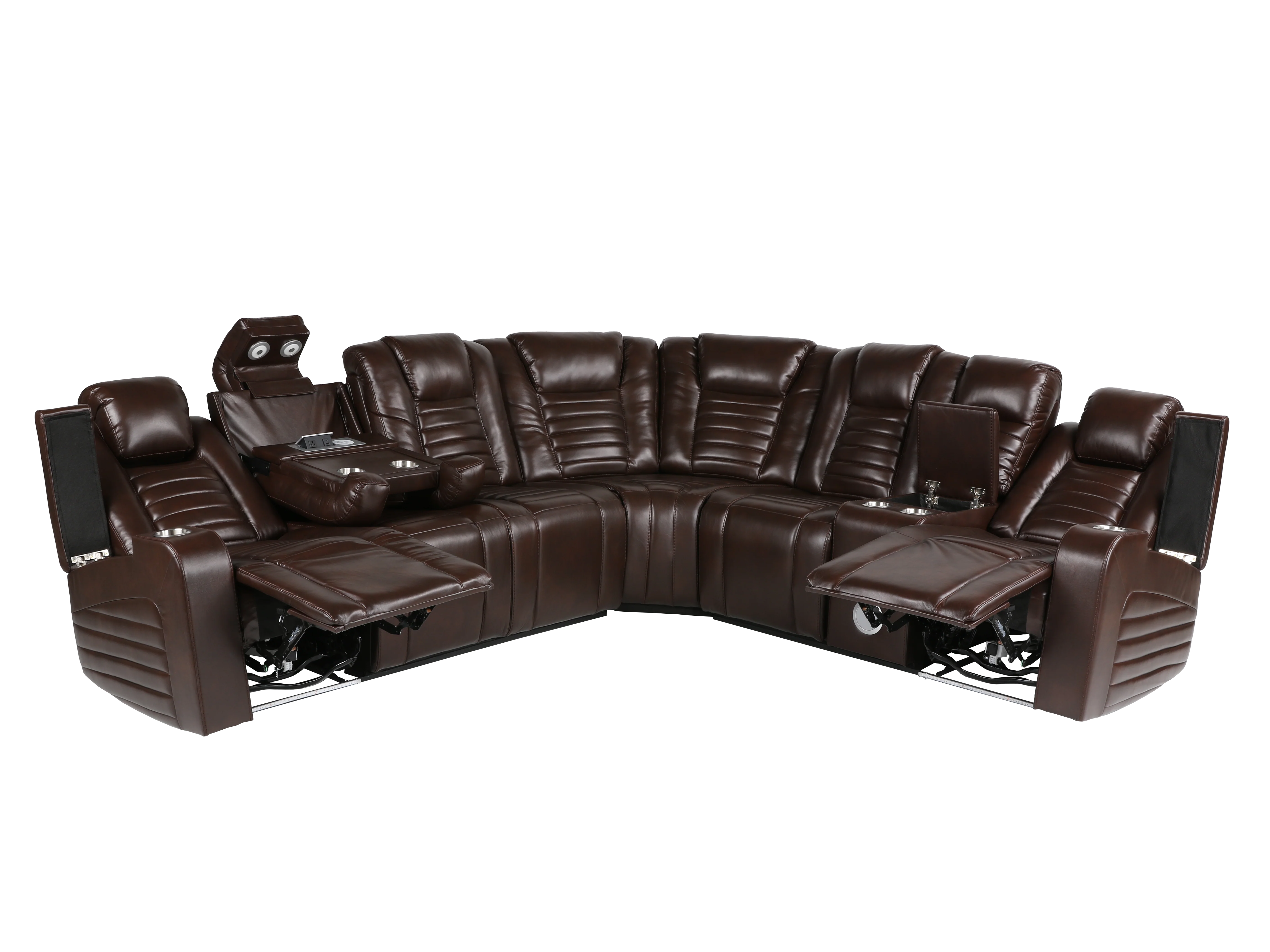 Contemporary Brown Power Reclining Sectional with Power Headrests, LED Light, Bluetooth, Wireless/USB Charging & Storage - Image 5