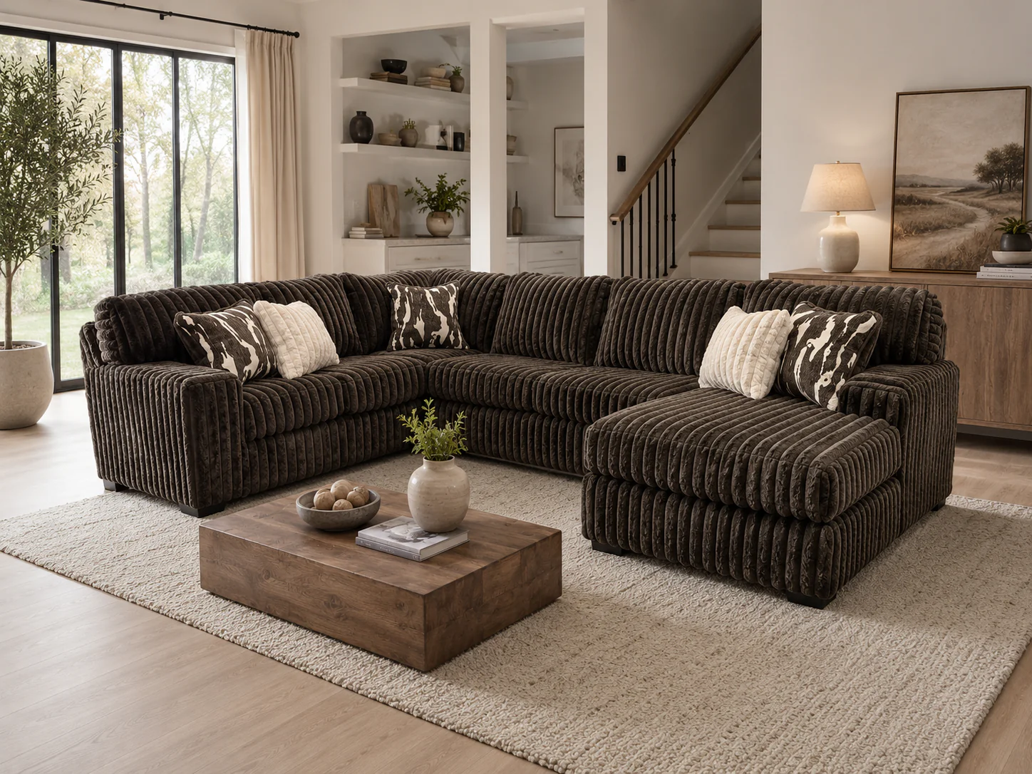 Contemporary Chocolate Brown Corduroy L-Shaped Sectional Sofa with Oversized Chaise, Deep Seating & Ribbed Plush Design - Image 3