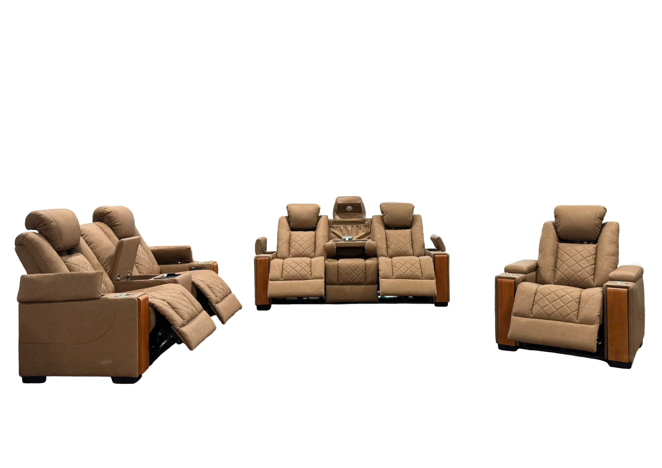 Modern 3-Piece Power Reclining Living Room Set in Camel - Power Headrests, USB & Wireless Charging, Hidden Armrest Storage, Cup Holders, & Reading Light - Image 4