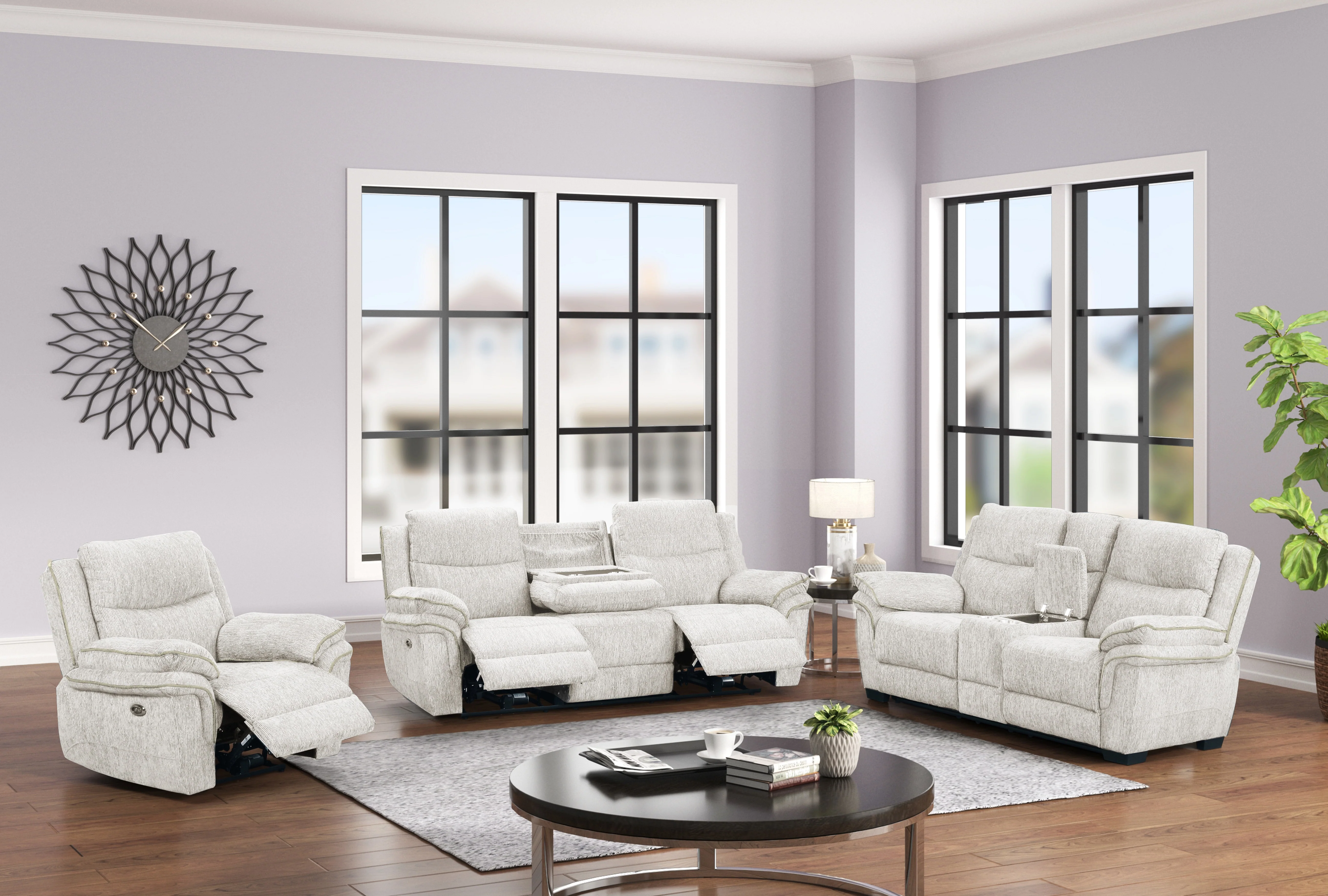 Cream Chenille 3-Piece Reclining Living Room Set - Power Sofa with Drop-Down Table, Stationary Loveseat, and Power Recliner with USB Charging