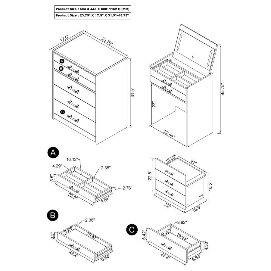 Danbury - 3-Drawer Makeup Vanity & Stool Set - Image 59