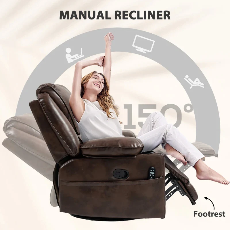 Dark Brown Swivel Rocker Massage Recliner Chair with Cup Holders - Image 2