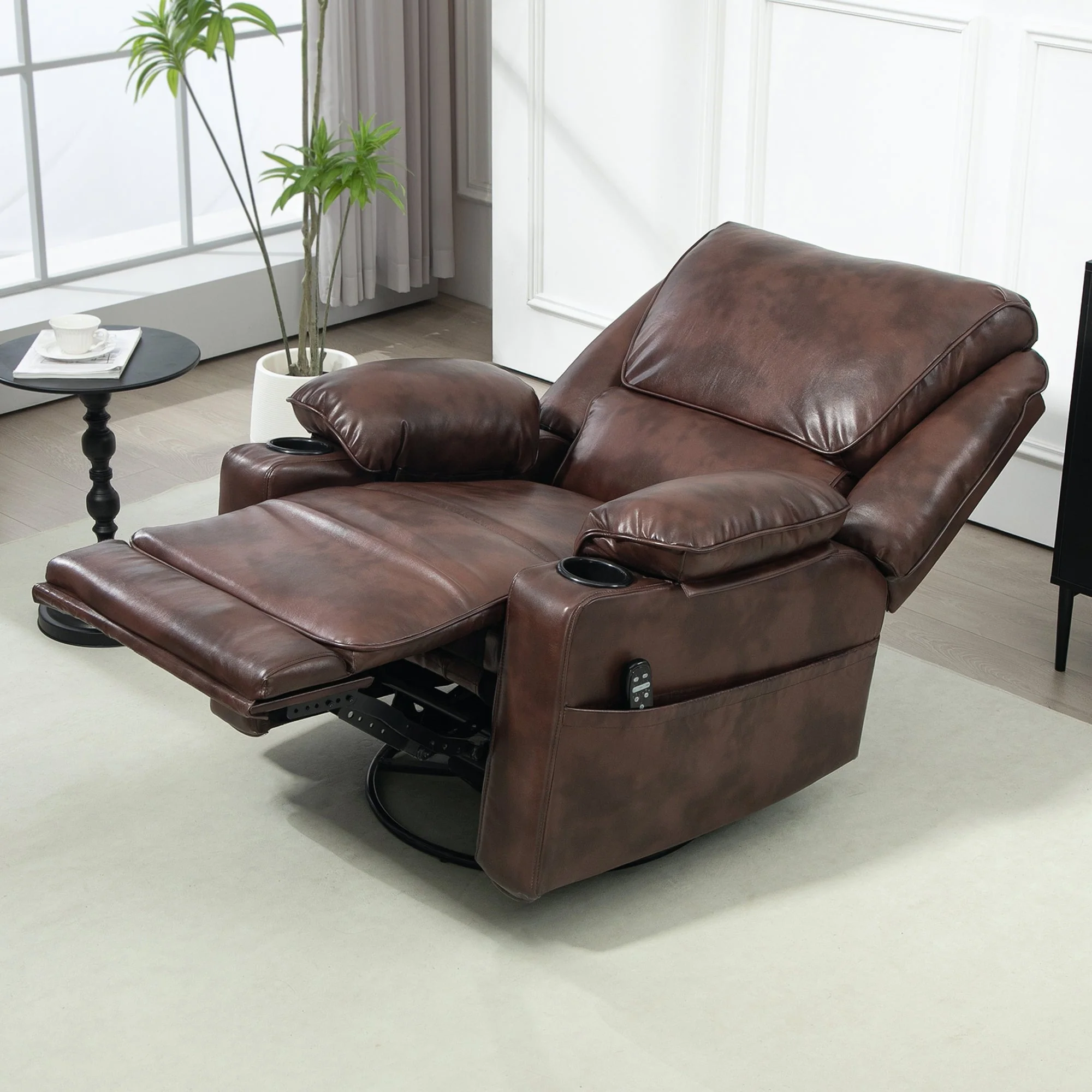 Dark Brown Swivel Rocker Massage Recliner Chair with Cup Holders - Image 6
