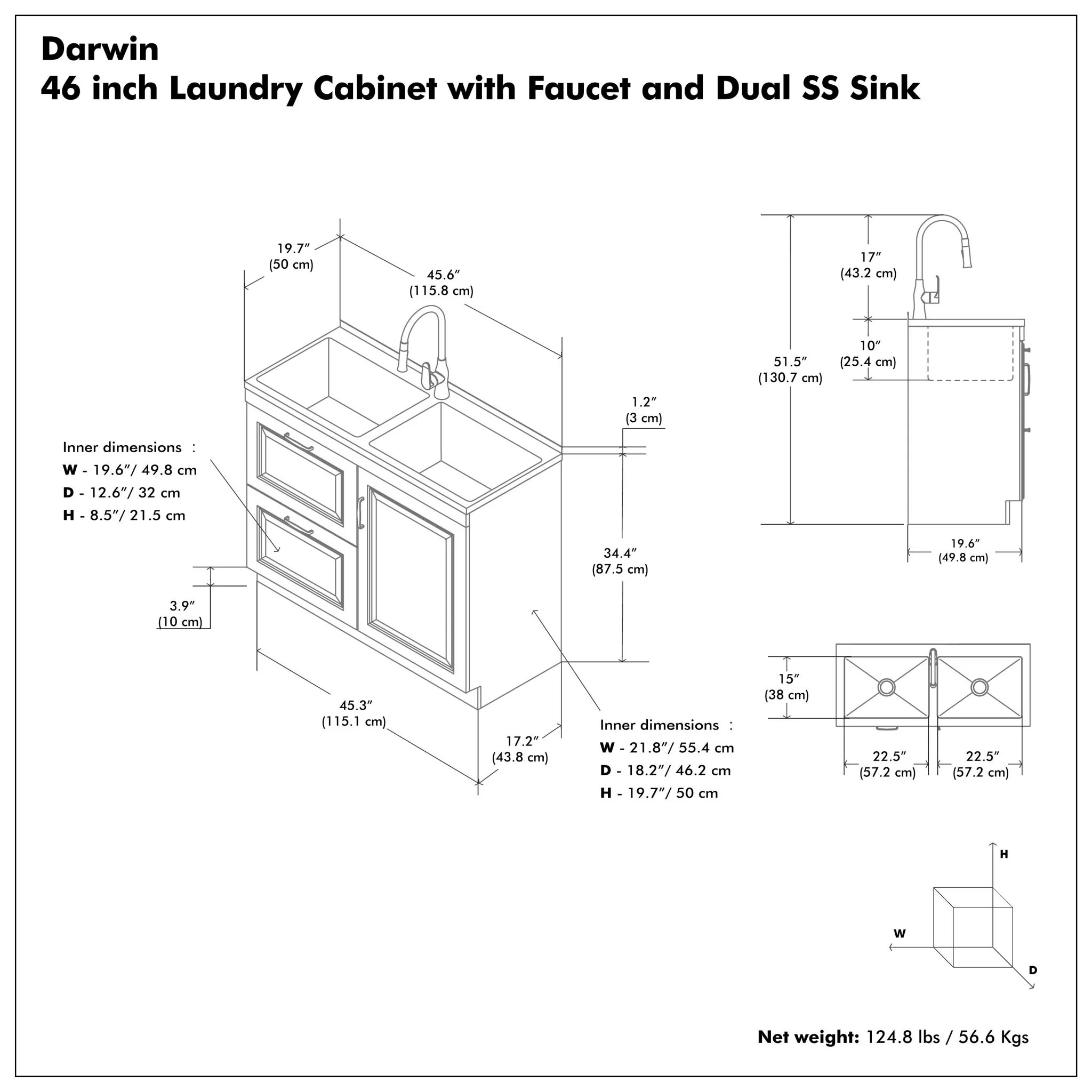 Darwin - Laundry Utility Sink And Cabinet With Dual Sinks, Pull Out Faucet - White - Image 6