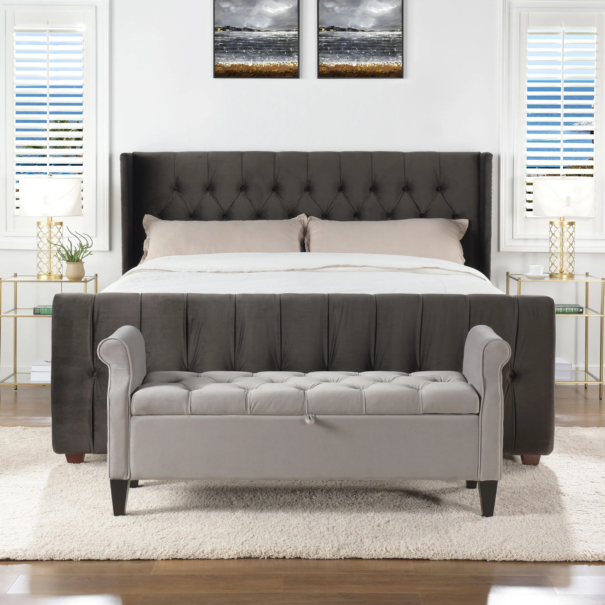 David - King Tufted Wingback Bed - Dark Charcoal Gray - Image 3