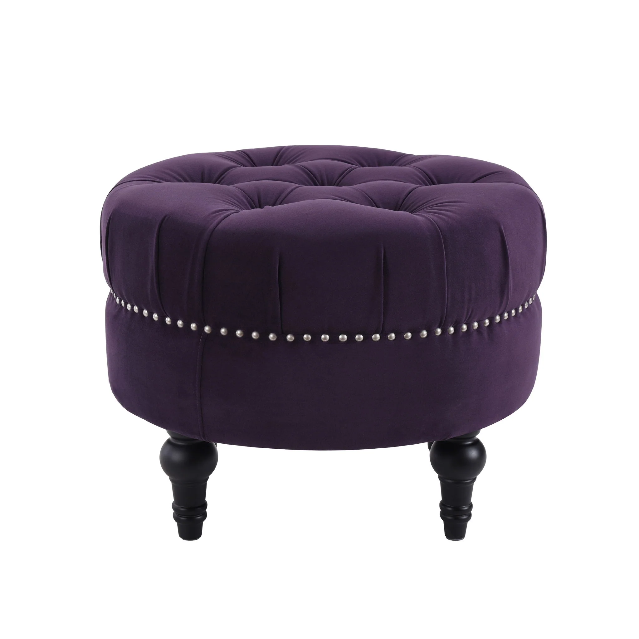 Dawn - Tufted Round Ottoman Nailhead Accents - Purple - Image 3