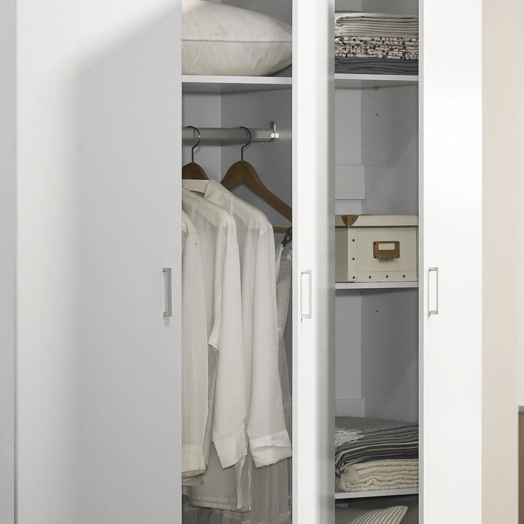 Declan - 3 - Door Wardrobe Cabinet Armoire With Storage Shelves And Hanging Rod - White - Image 4