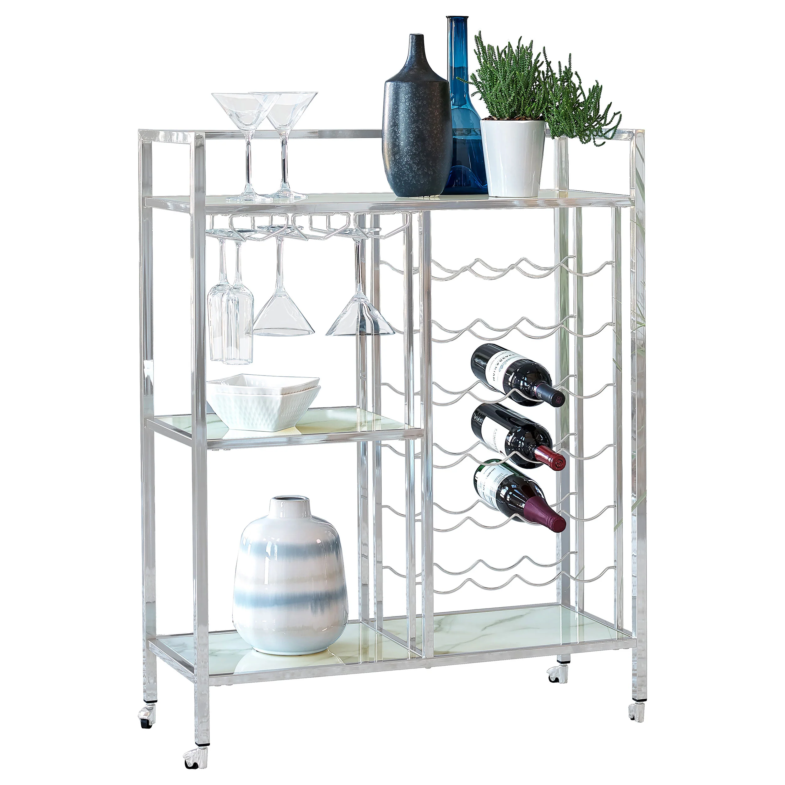 Derion - 3-Tier Rectangular Glass Shelf Metal Bar Cart - Chrome - Image 4