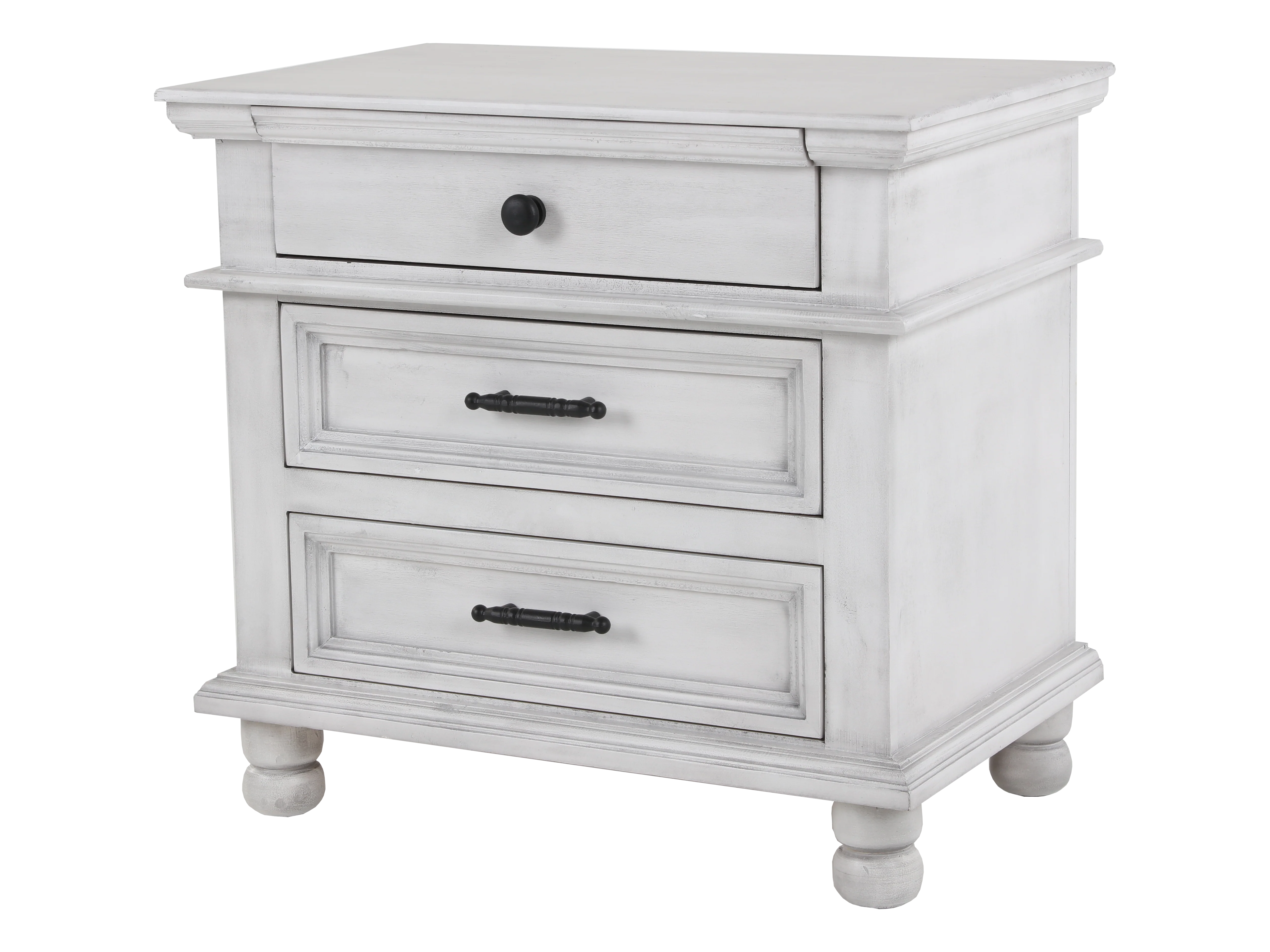 Distressed White Farmhouse Nightstand with 3 Drawers & Black Hardware - Image 3