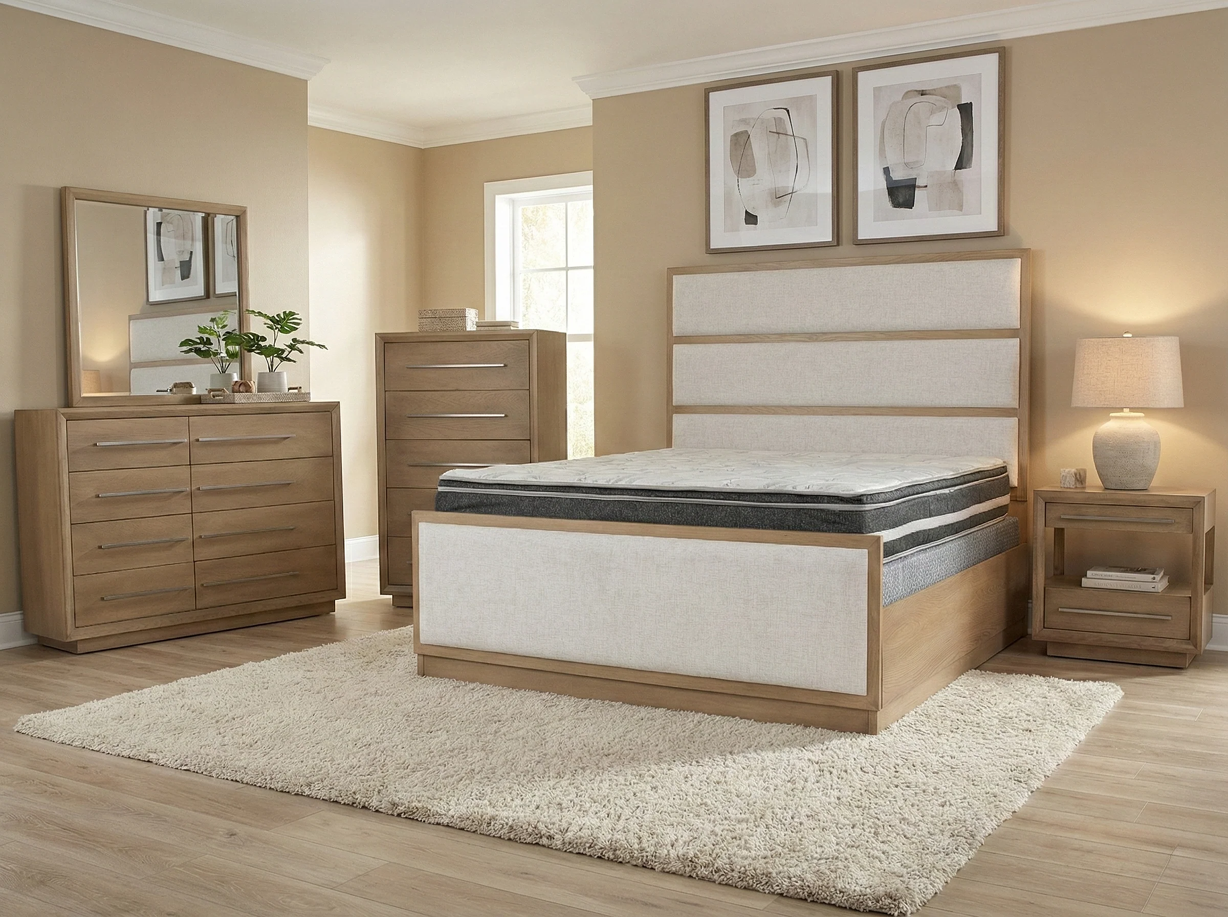 Durango Moka Wood & Natural Linen Upholstered Panel 6-Piece Bedroom Set - Image 2