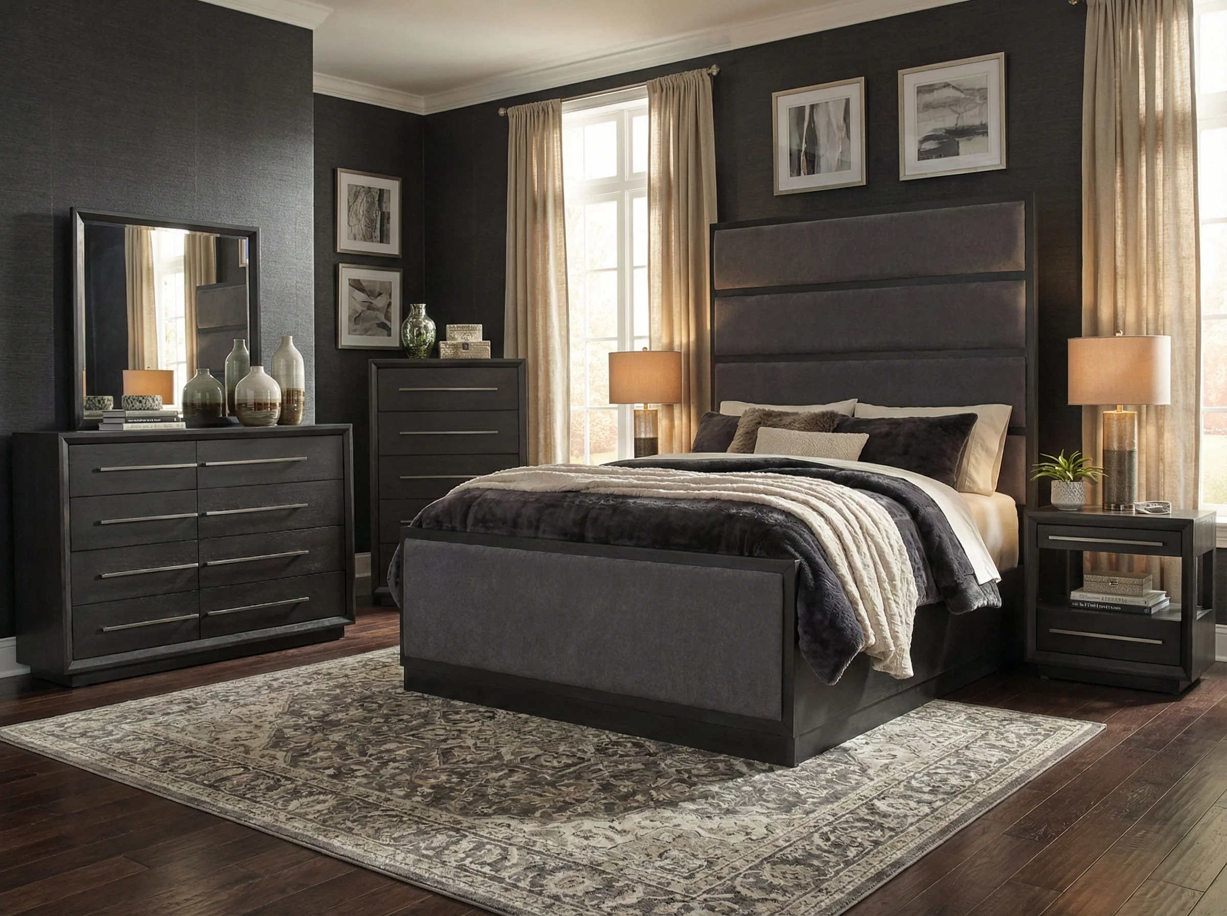 Durango Sofia Grey & Rush Pewter Upholstered Panel 6 Piece Bedroom Set - Image 12