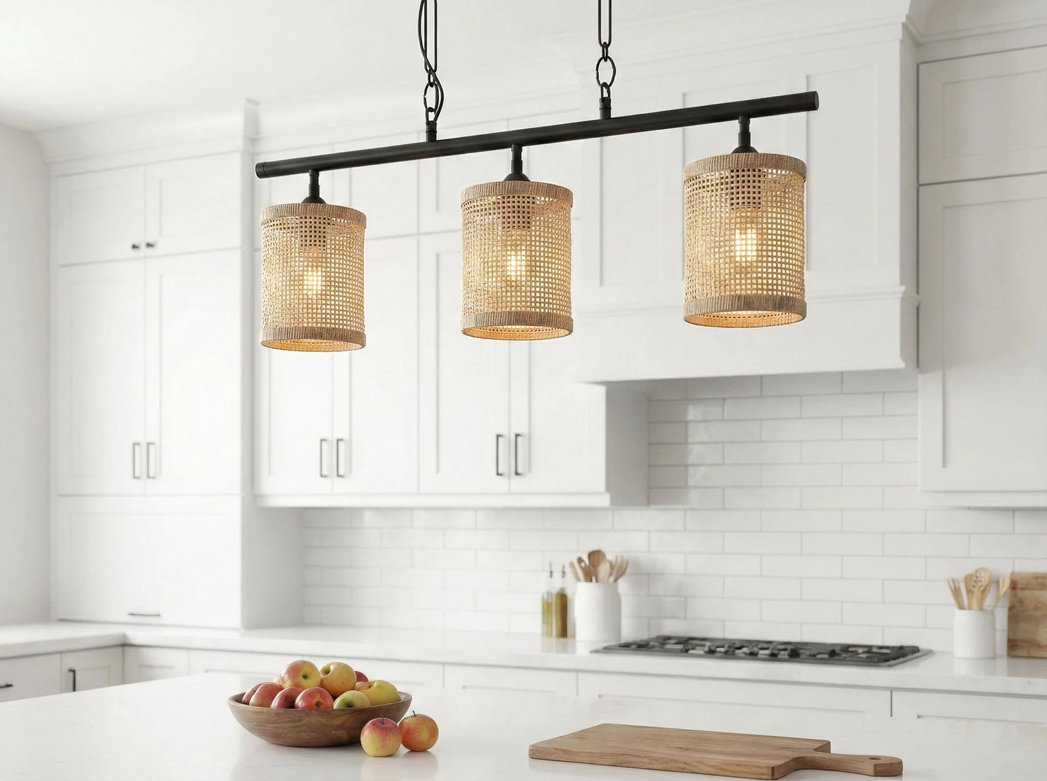 Elysian - 3 Lights Island With Natural Shade Farmhouse Chain Ceiling Lamp - Black / Rattan - Image 2