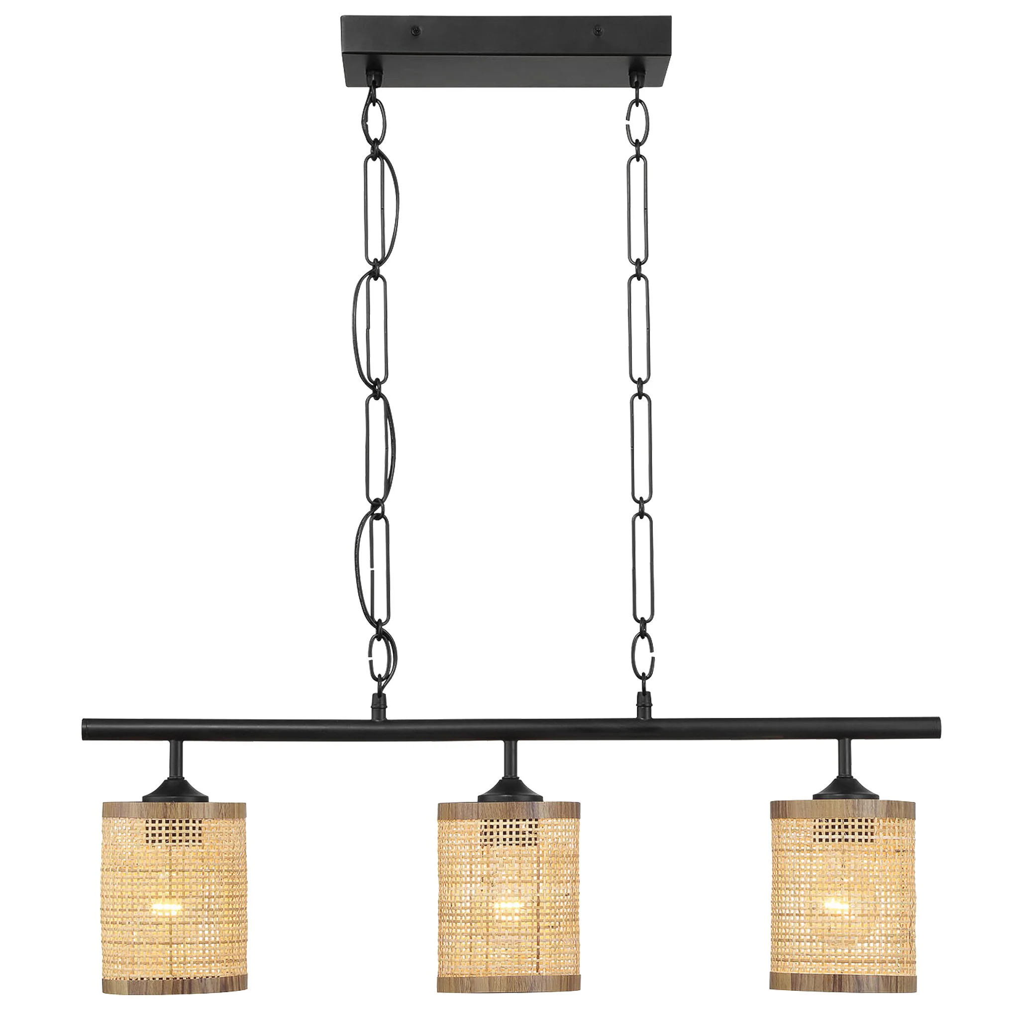 Elysian - 3 Lights Island With Natural Shade Farmhouse Chain Ceiling Lamp - Black / Rattan - Image 4