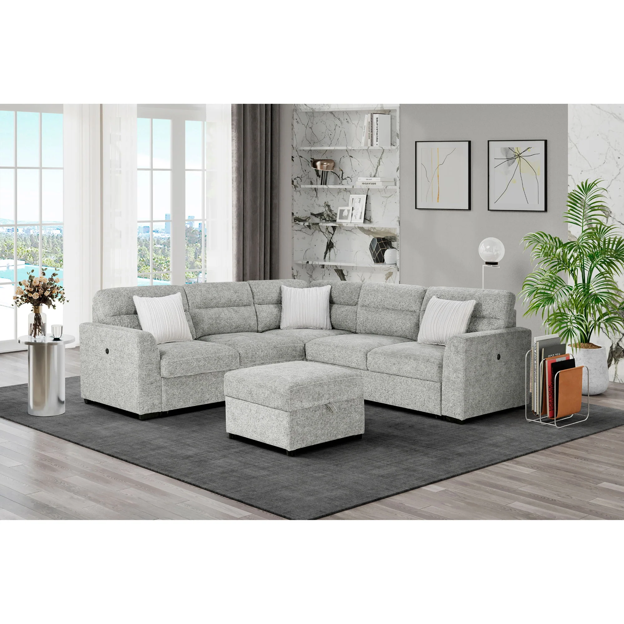 Emiliano - Sectional Sofa With 3 Pillows And Storage Ottoman - Nickel - Image 11