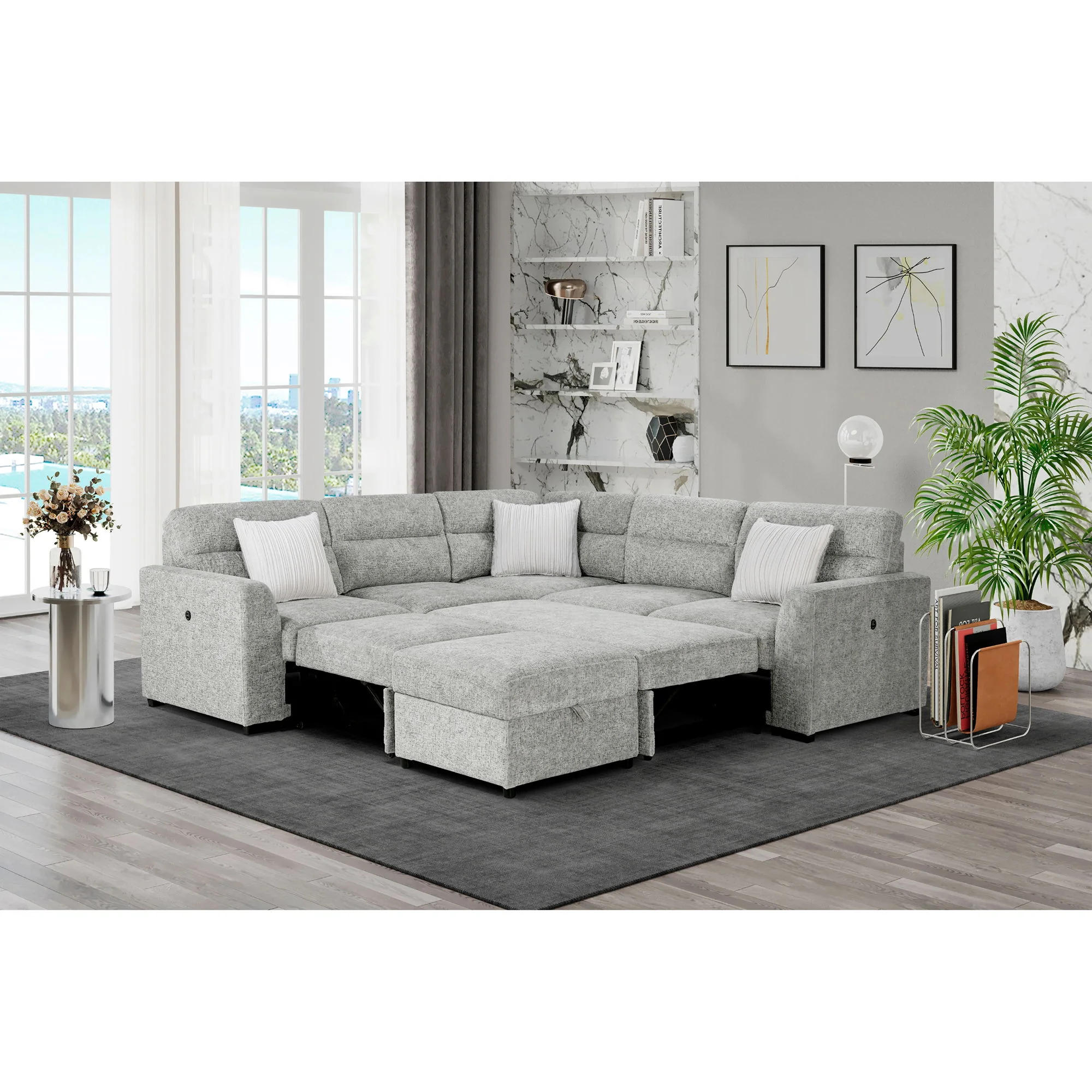 Emiliano - Sectional Sofa With 3 Pillows And Storage Ottoman - Nickel - Image 7