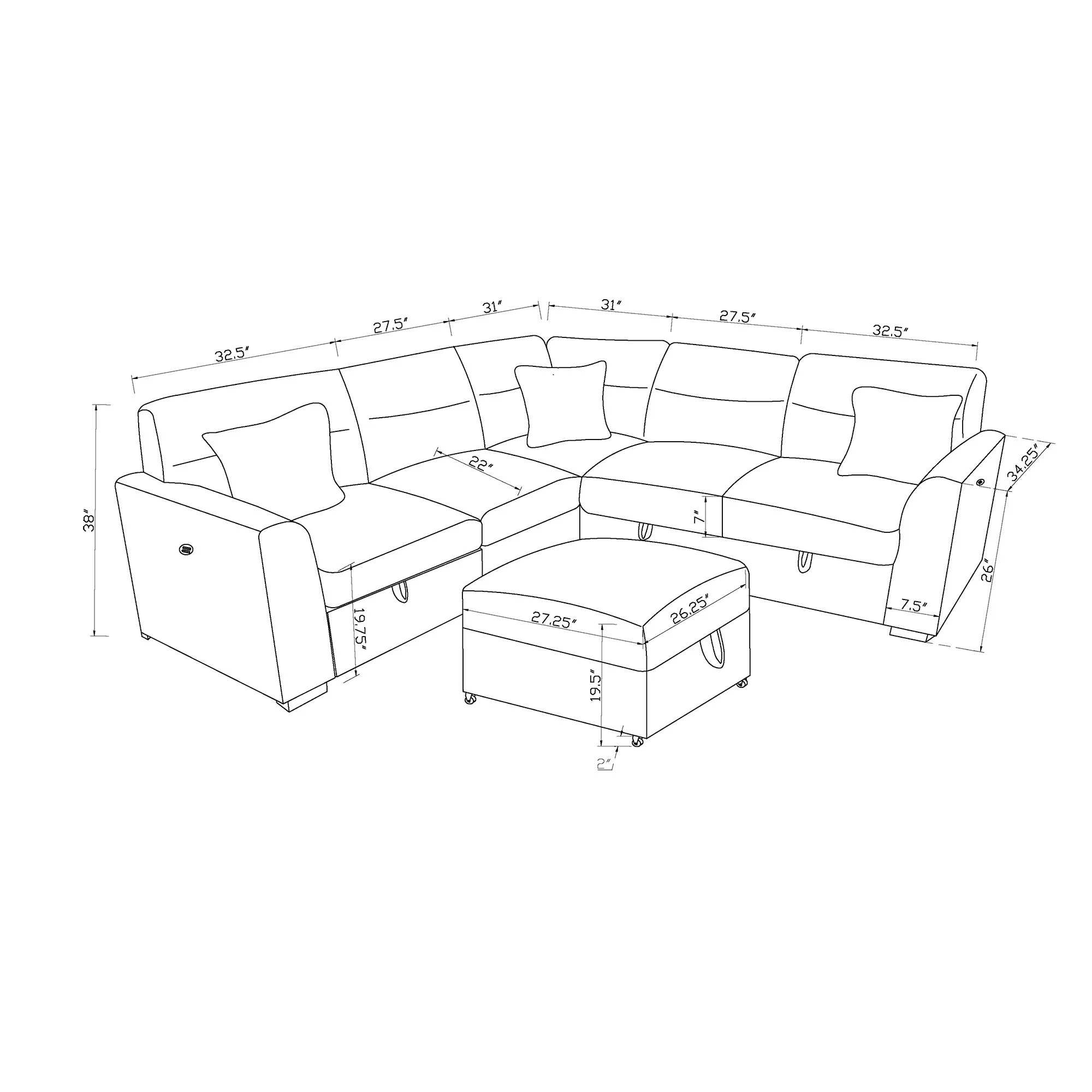 Emiliano - Sectional Sofa With 3 Pillows And Storage Ottoman - Nickel - Image 9
