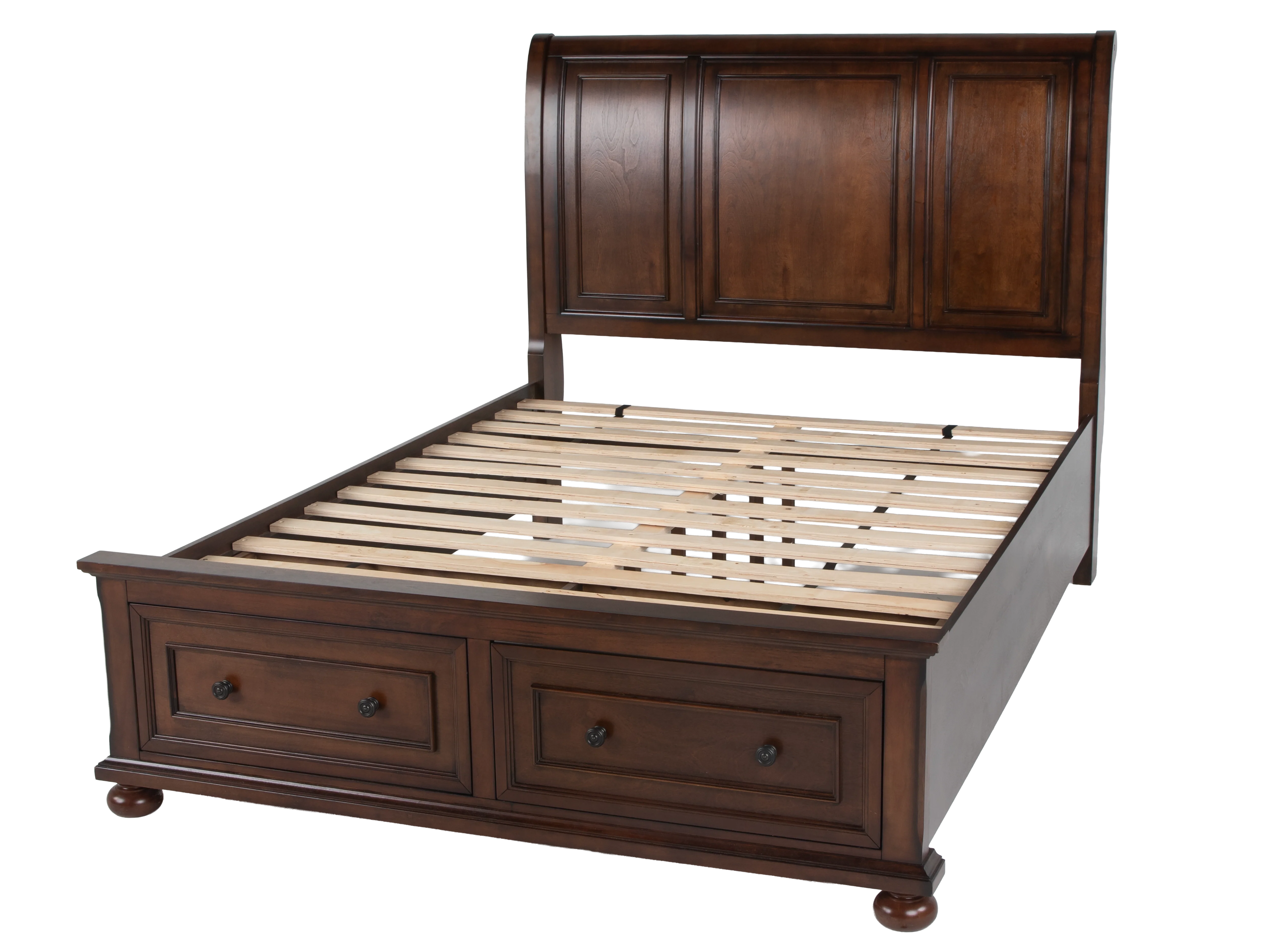 Cherry Sleigh Storage Bedroom Set with Footboard Drawers, Dresser & Mirror, Nightstand - Image 3