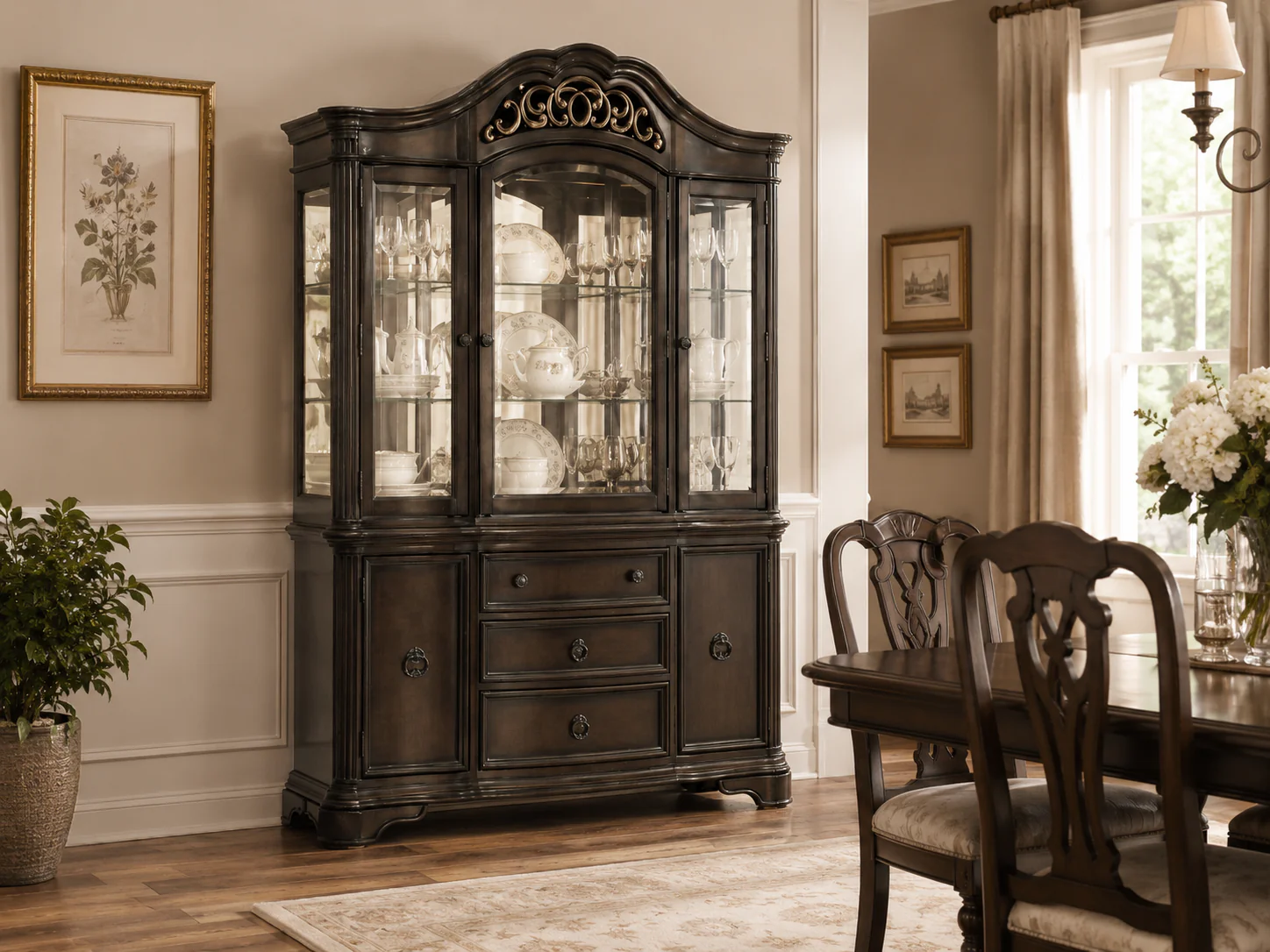 Espresso Traditional China Cabinet with Glass Hutch & Buffet Storage