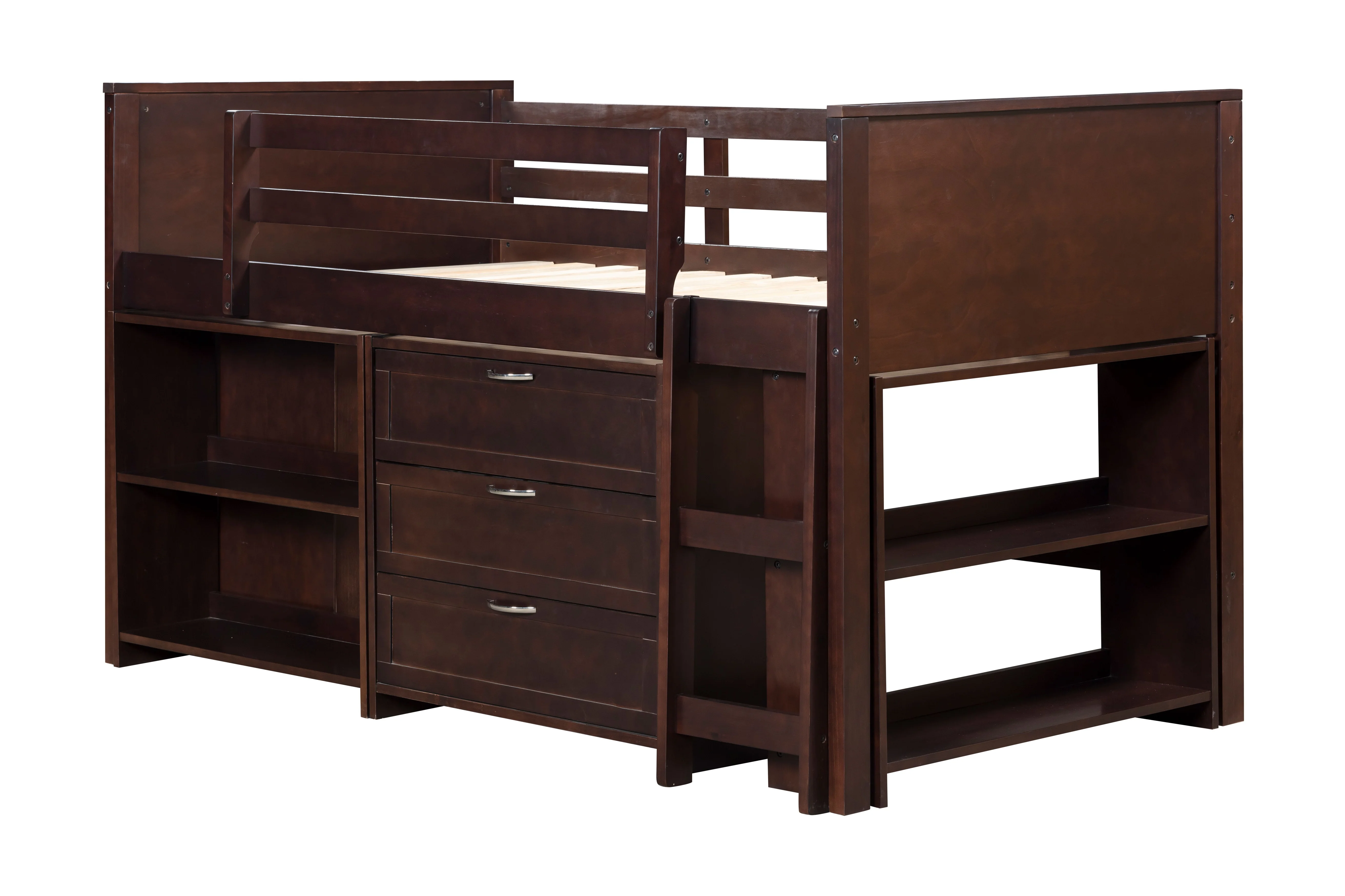 Espresso Twin Low Loft Bed with Storage Drawers & Shelves - Image 3