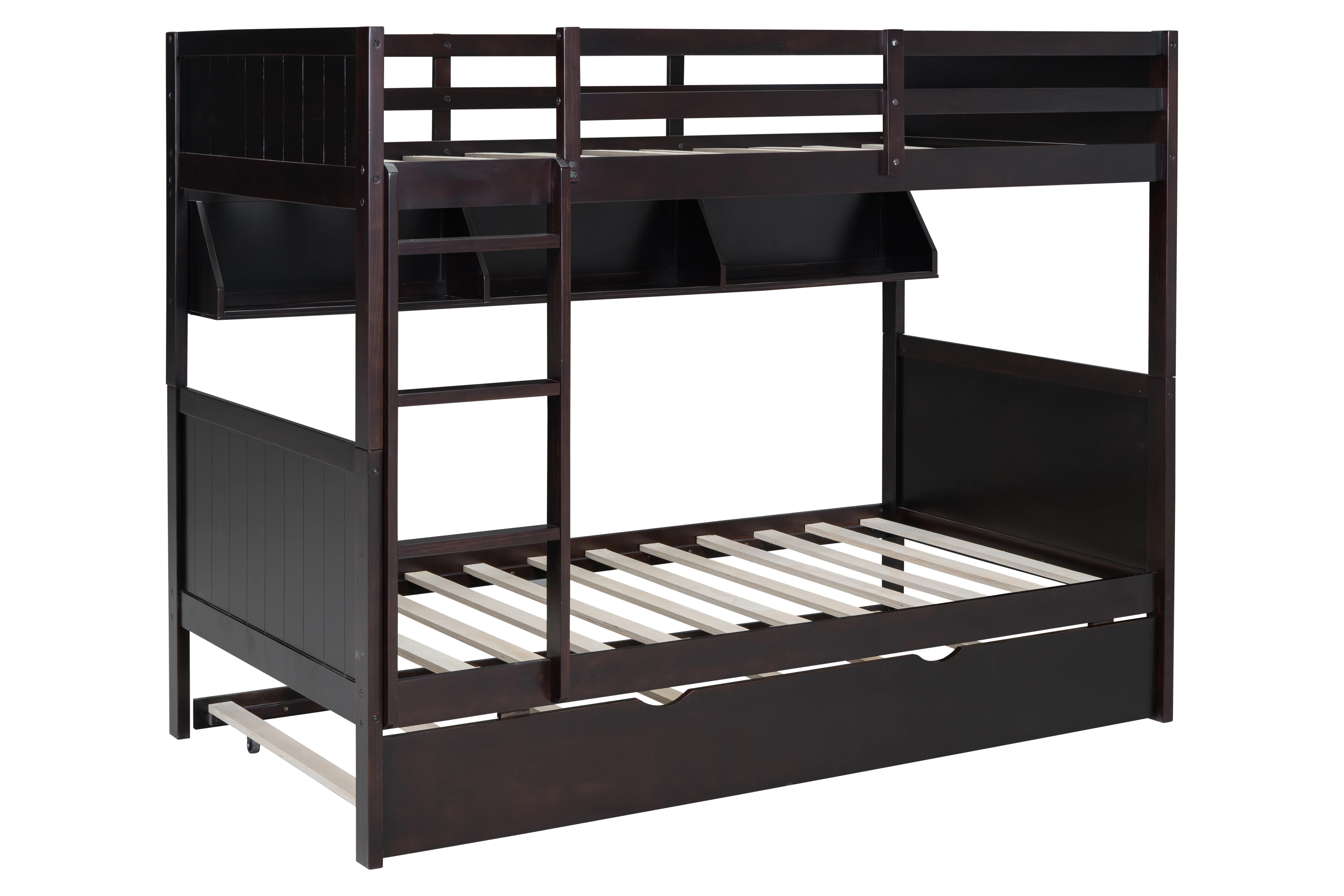 Espresso Twin-Over-Twin Bunk Bed with Bookshelf & Roll-Out Trundle - Image 3