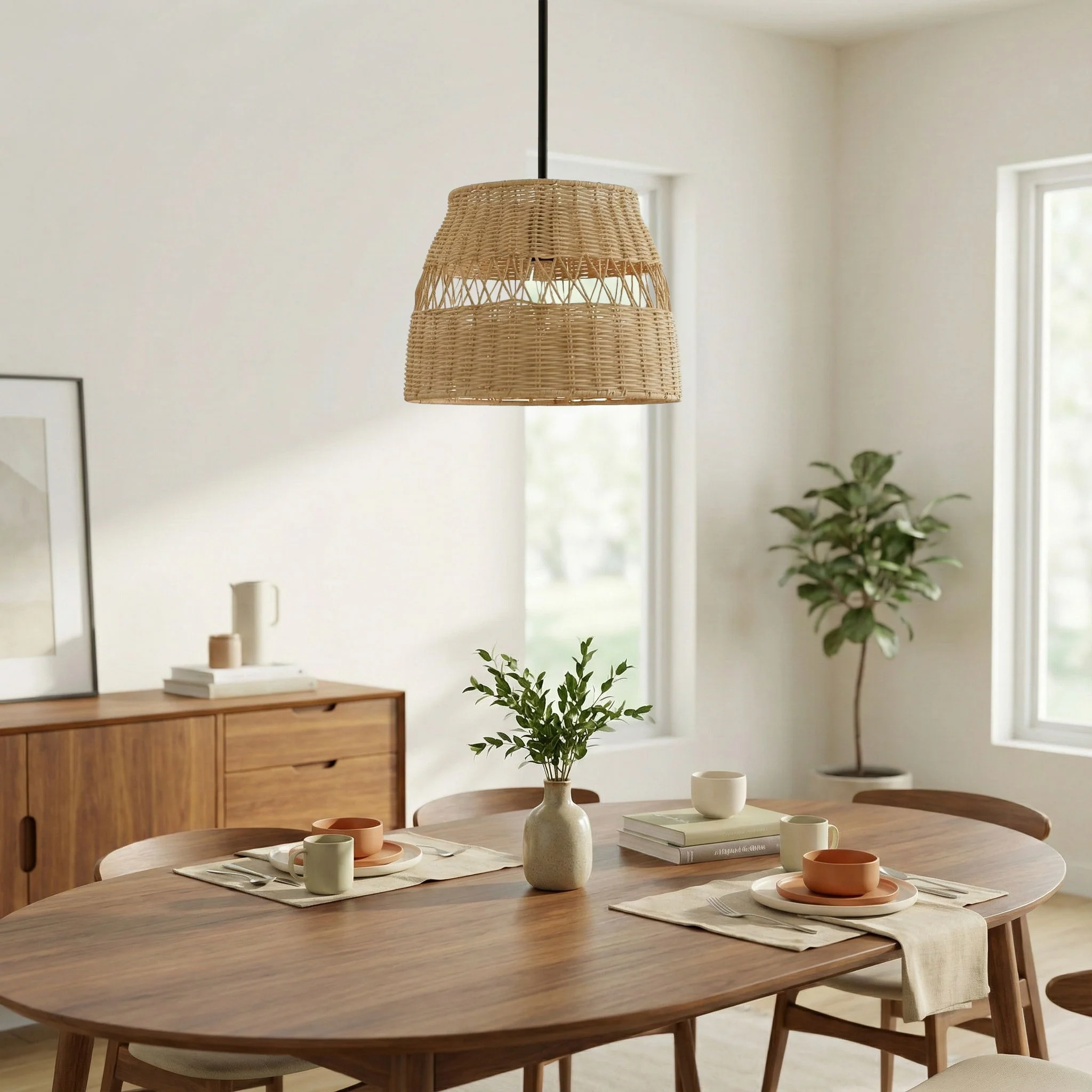 Essence - Single Lights Pendant With Shade - Black / Rattan - Image 6