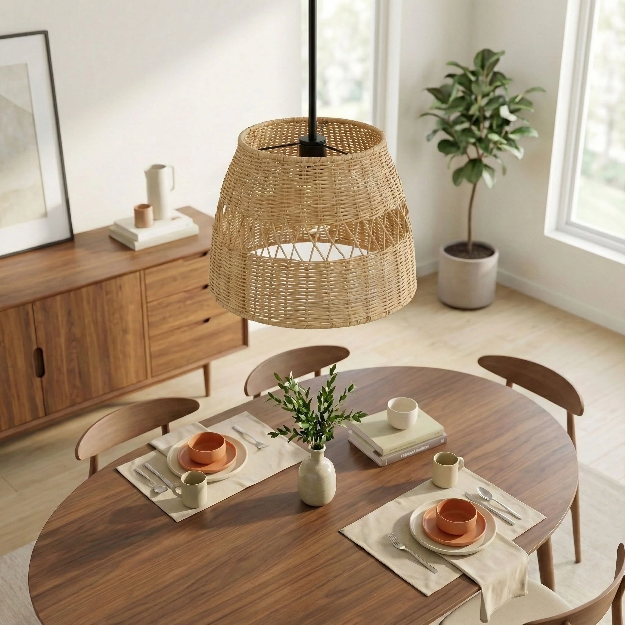 Essence - Single Lights Pendant With Shade - Black / Rattan - Image 7