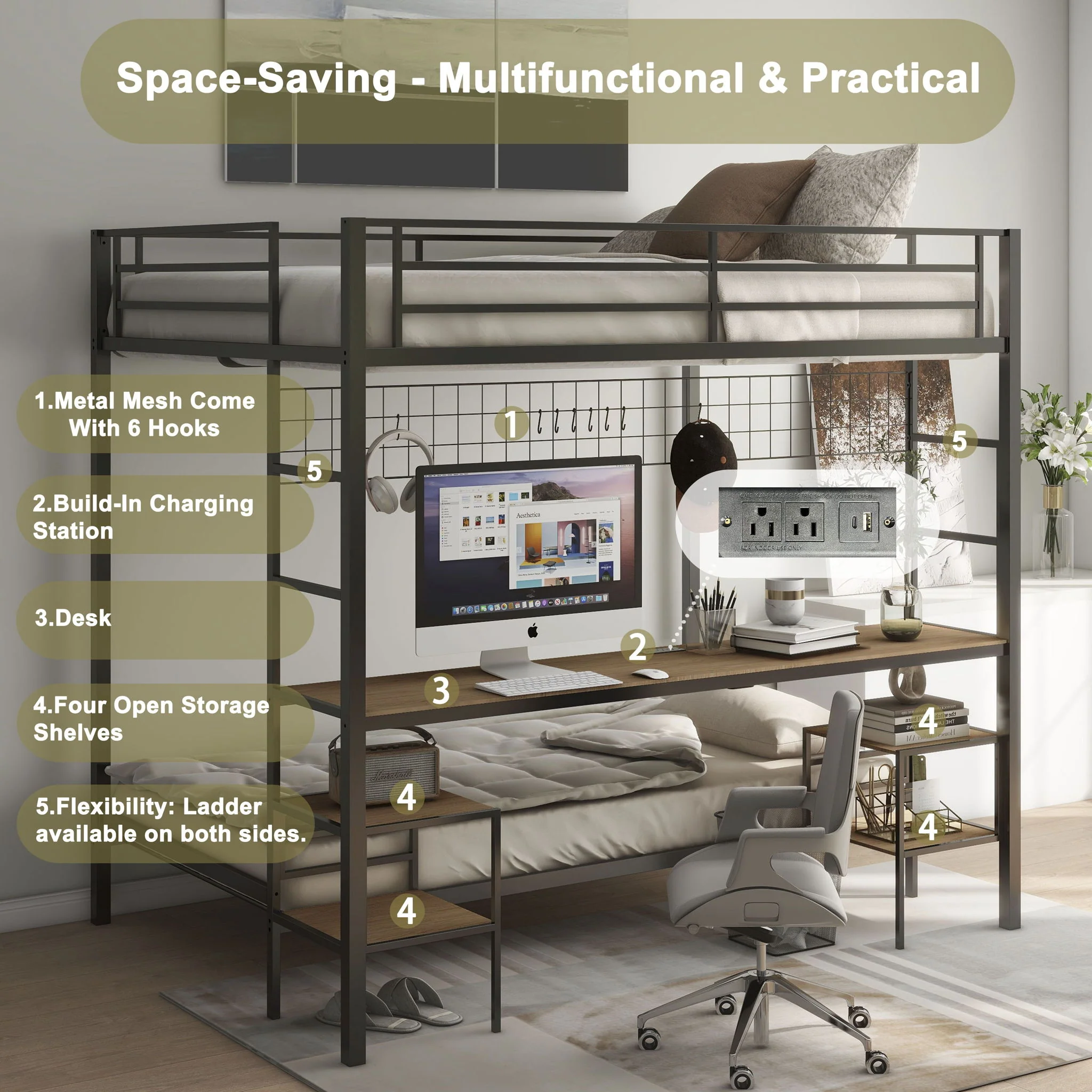 Ethan - Bunk Bed With Desk, Charging Station, Storage Shelves - Image 19