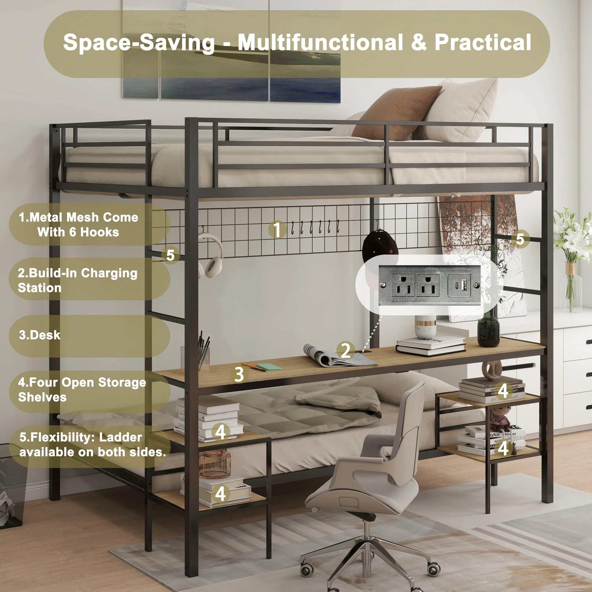 Ethan - Bunk Bed With Desk, Charging Station, Storage Shelves - Image 28