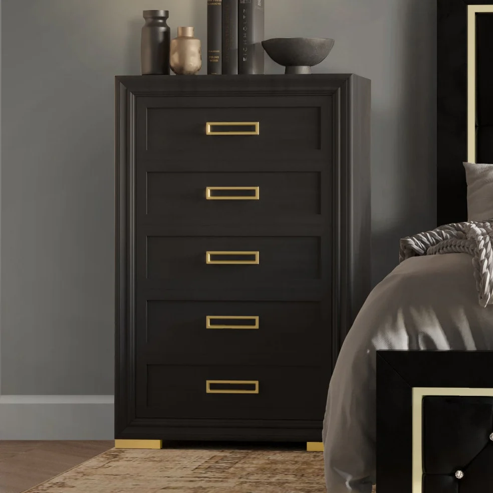 Glam Black 5-Drawer Chest with Gold Accents