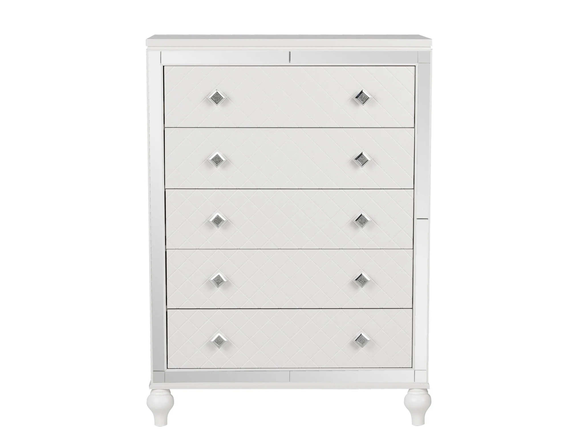 Glam White Diamond-Textured 5-Drawer Chest with Crystal-Style Knobs - Image 2