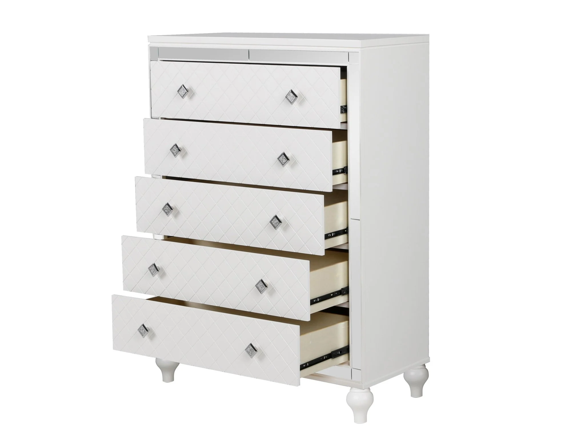 Glam White Diamond-Textured 5-Drawer Chest with Crystal-Style Knobs - Image 3