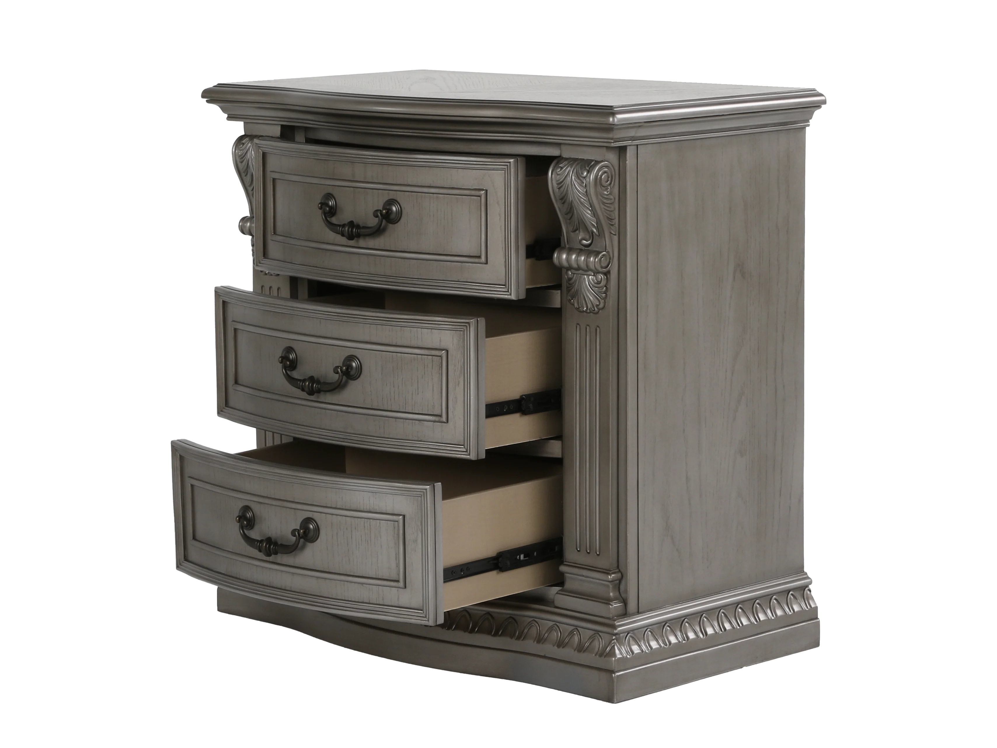 Grand-Platinum Traditional Nightstand with 3 Drawers & Carved Details - Image 3