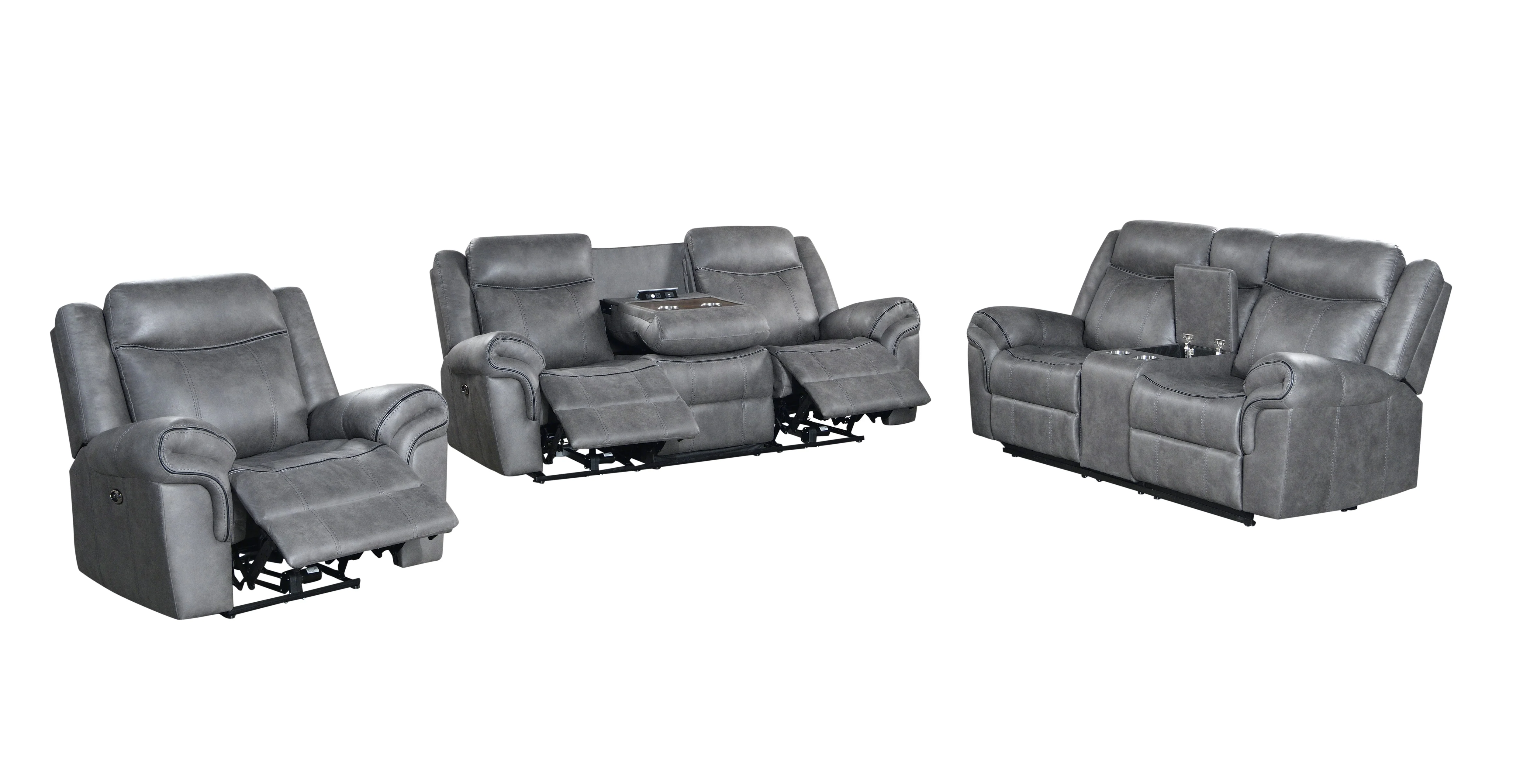 Gray 3-Piece Reclining Living Room Set – Sofa w/ Drop-Down Table, Console Loveseat & Recliner - Image 2