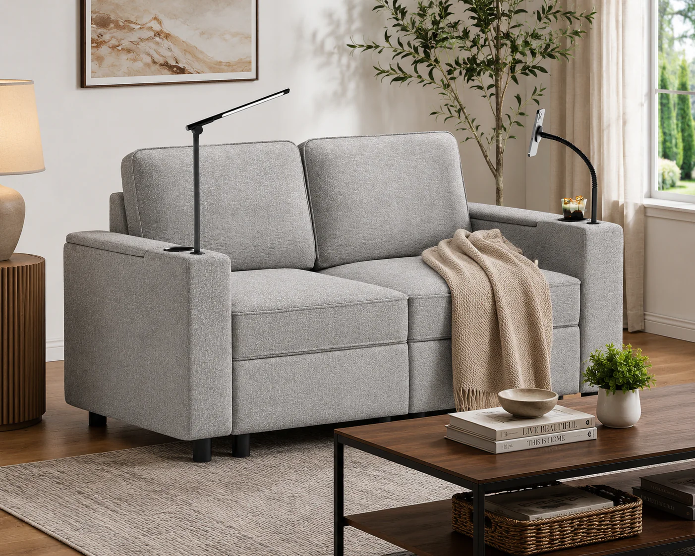 Gray Fabric Loveseat with Built-In Arm Lights, Phone Holder & Modern Compact Design