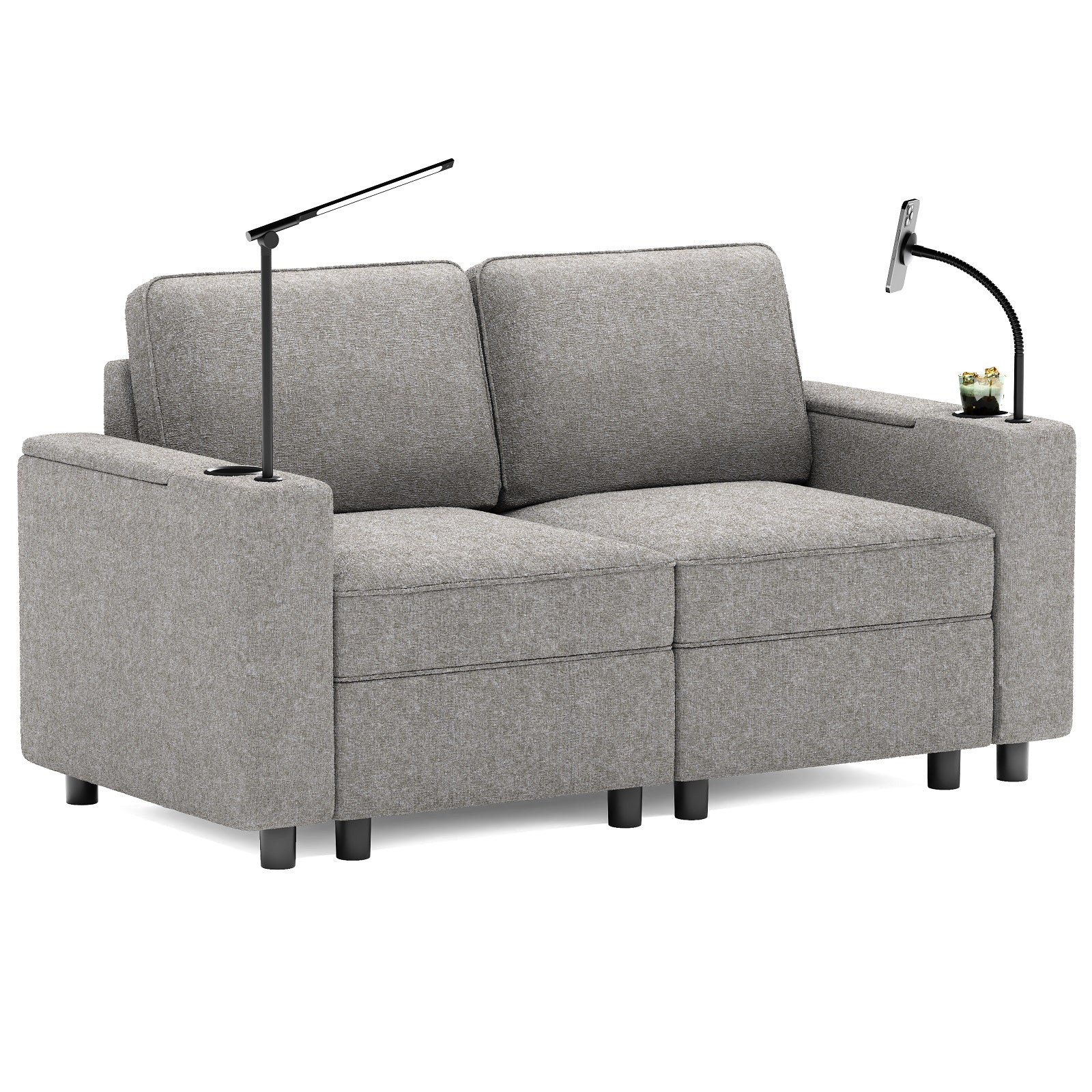 Gray Fabric Loveseat with Built-In Arm Lights, Phone Holder & Modern Compact Design - Image 2