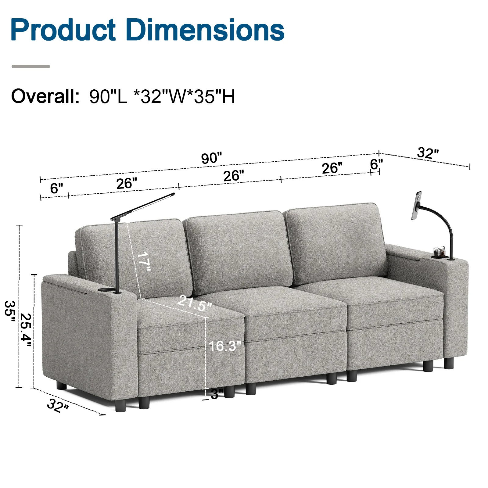 Gray Fabric Sofa with Built-In Arm Lights, Phone Holder & Modern 3-Seat Design - Image 2