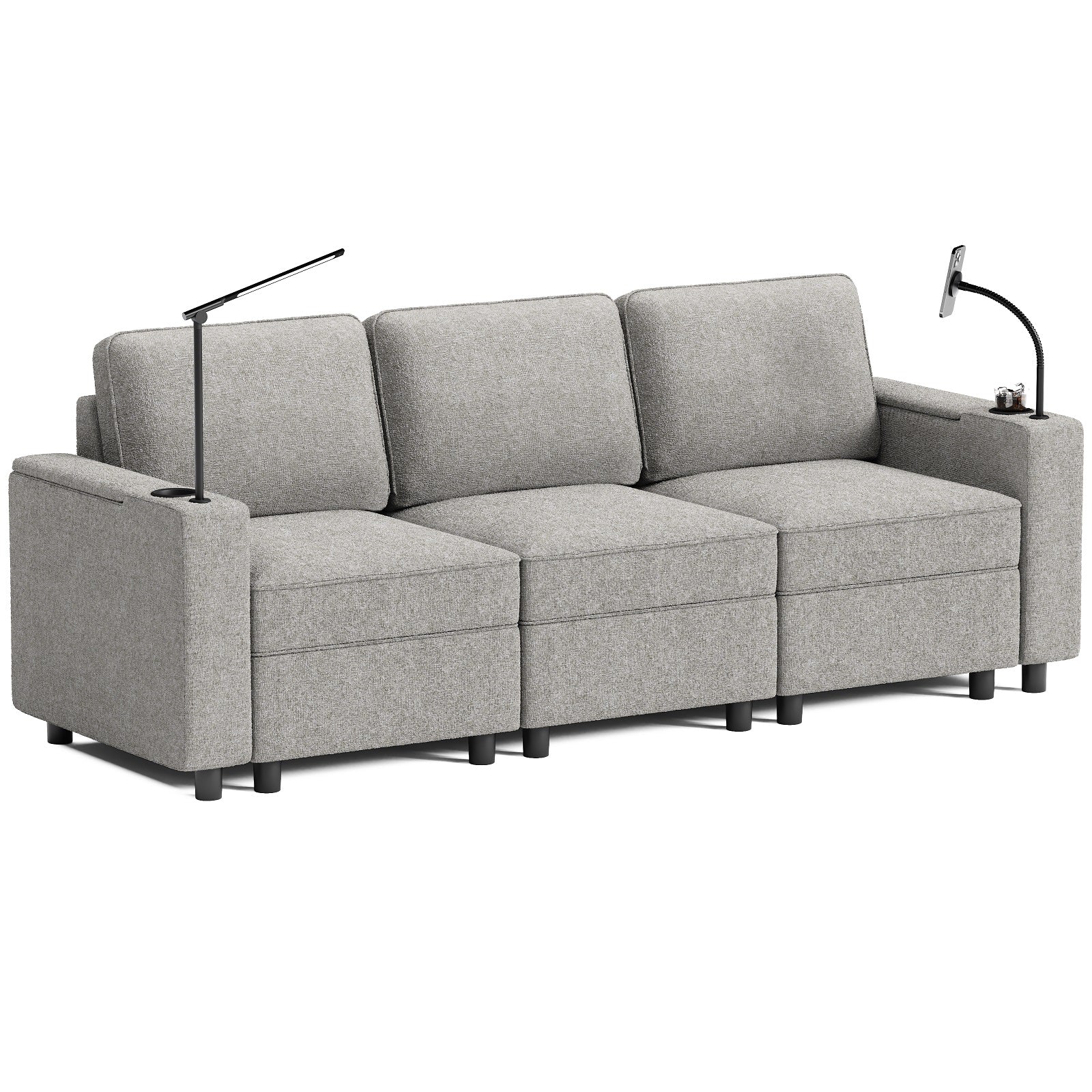 Gray Fabric Sofa with Built-In Arm Lights, Phone Holder & Modern 3-Seat Design - Image 3