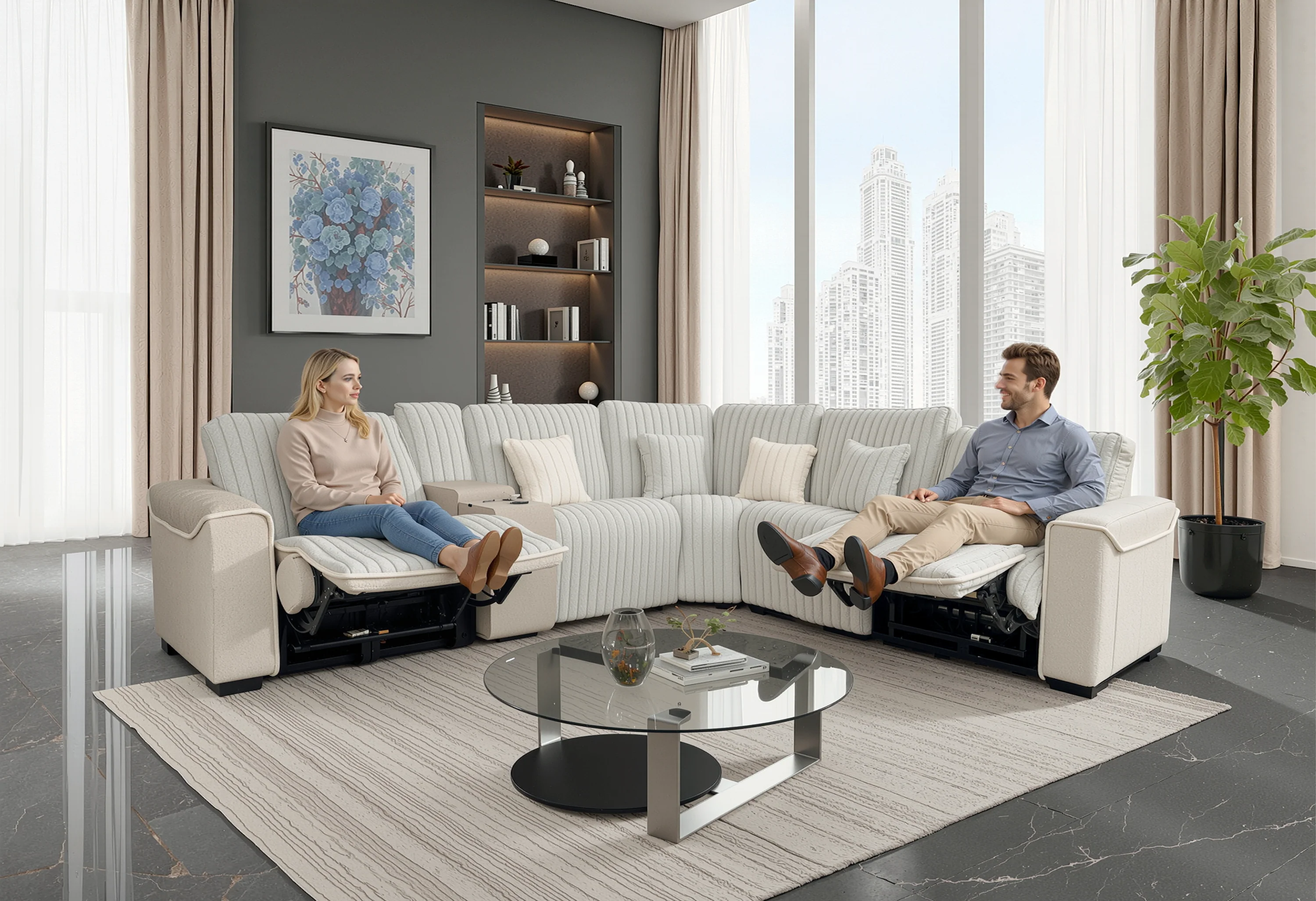 Gray Modern Ribbed Corduroy 6-Piece Power Reclining Sectional with Wireless Charging Console - Image 2